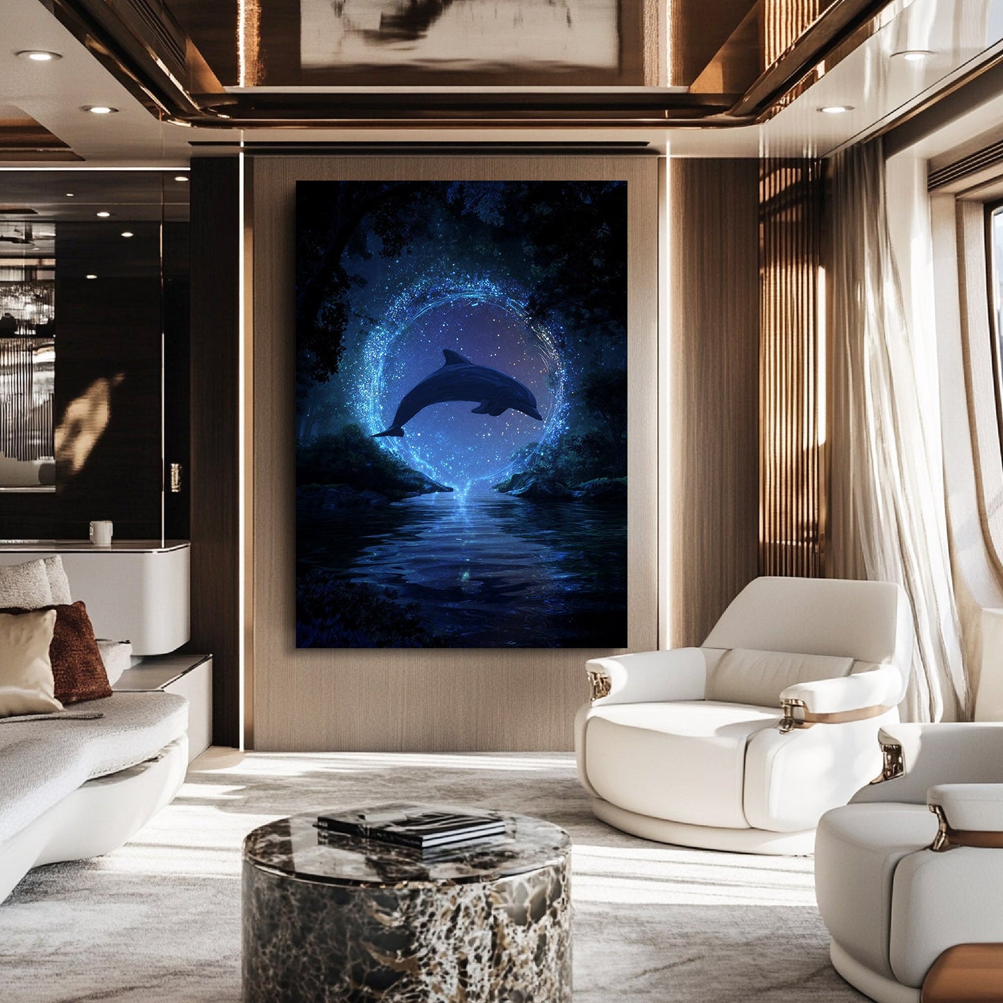 Moonlit Portal Dolphin Wall Art – styled in a furnished interior