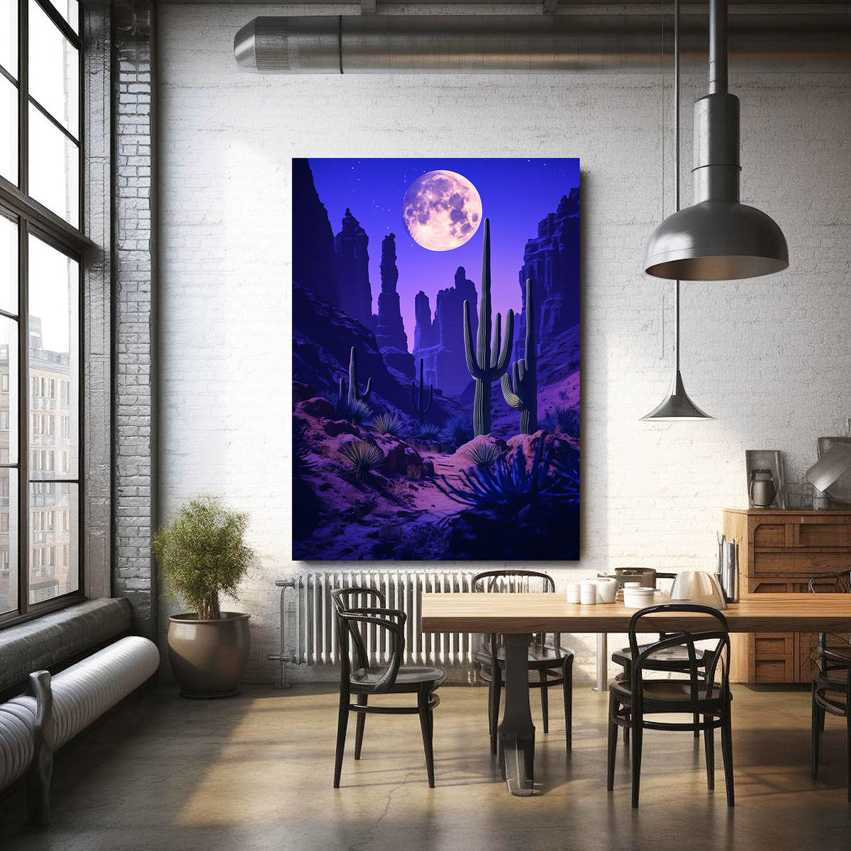 Moonlit Purple Canyon Cactus Prints — contemporary canvas print, styled in a furnished interior