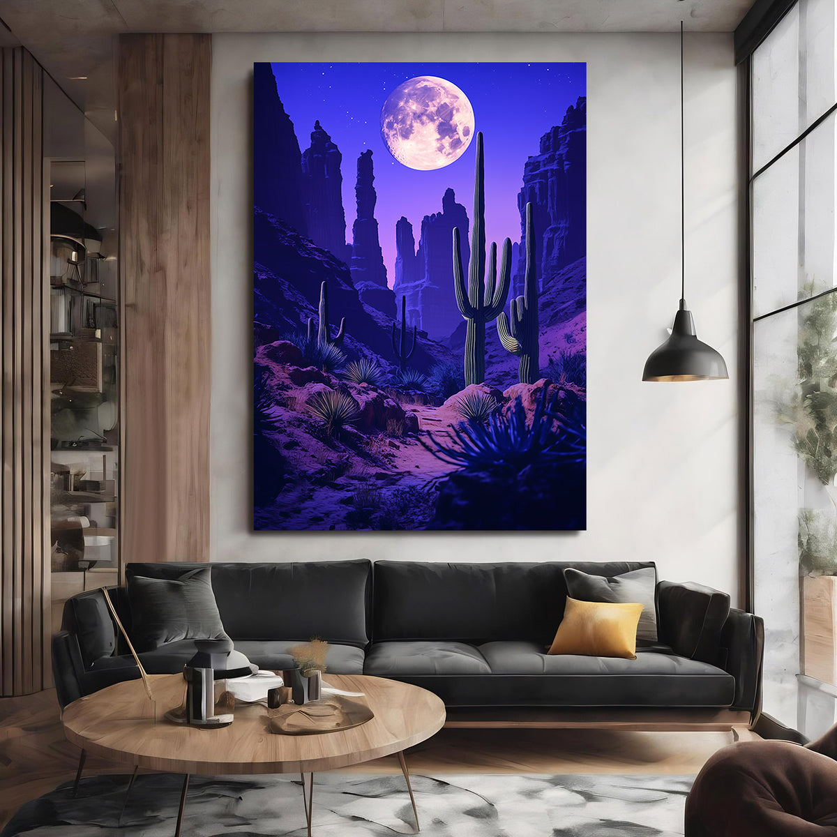 Moonlit Purple Canyon Cactus Prints — contemporary canvas print, styled in a furnished interior