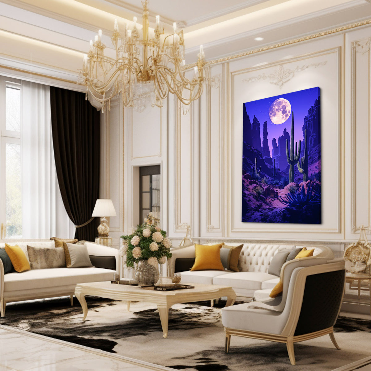 Moonlit Purple Canyon Cactus Prints — contemporary canvas print, styled in a furnished interior
