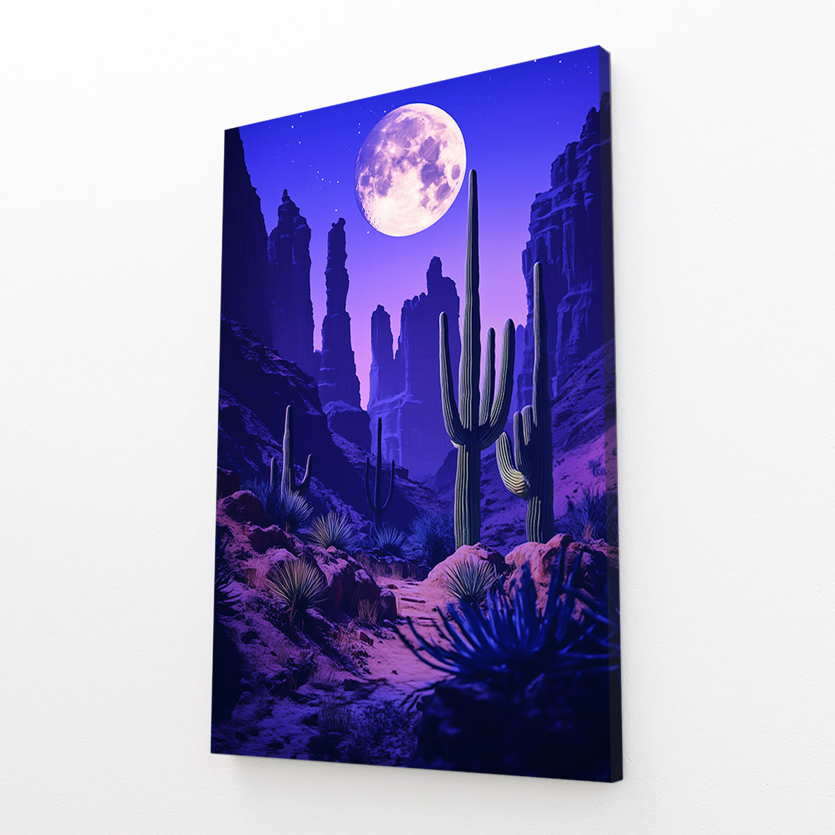 Moonlit Purple Canyon Cactus Prints — contemporary canvas print, angled canvas view on white background