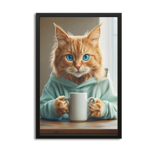 Morning Coffee Cat Art — digital canvas print in brown tones, with Premium Black frame on white background