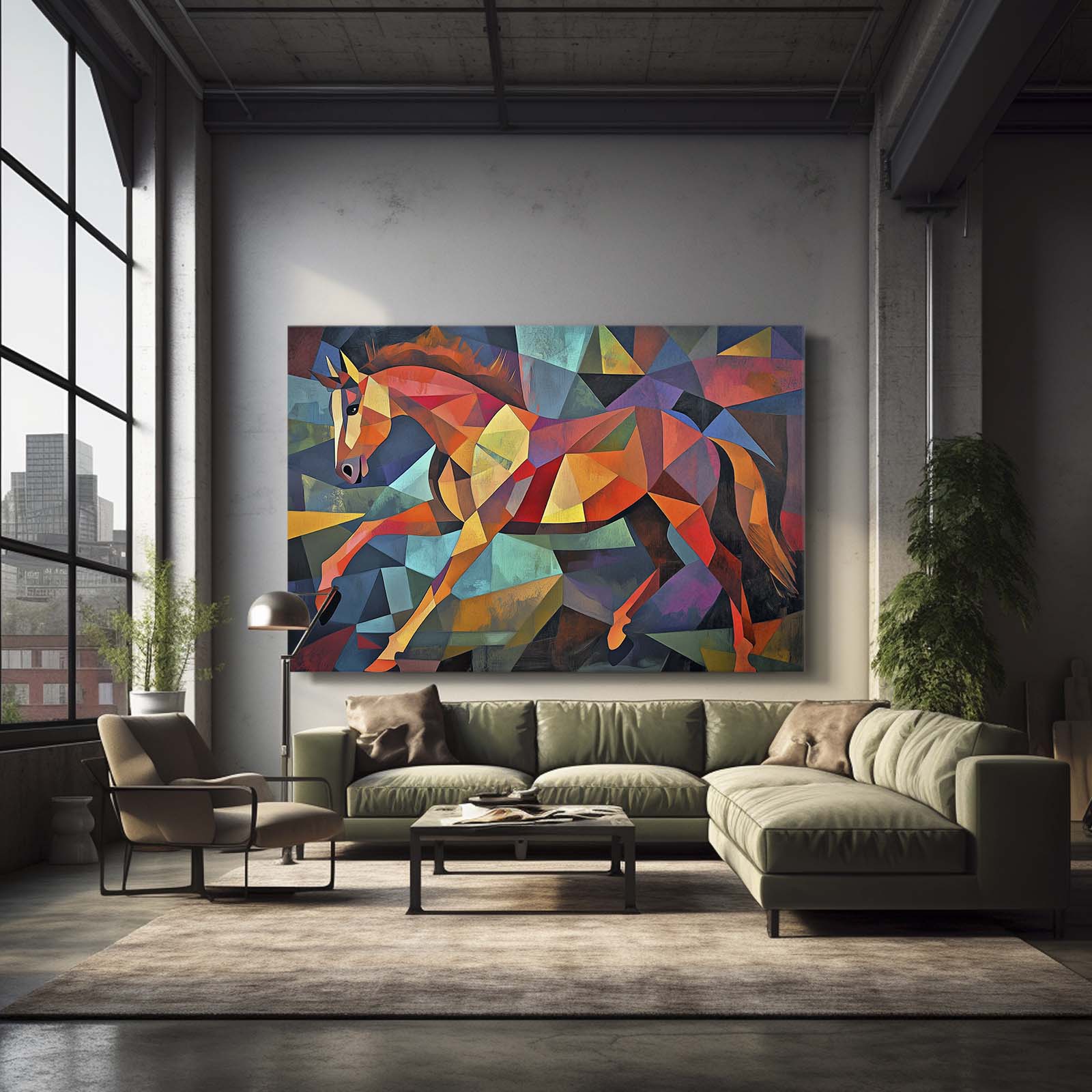 Mosaic Abstract Horse Art – angled canvas view on white background