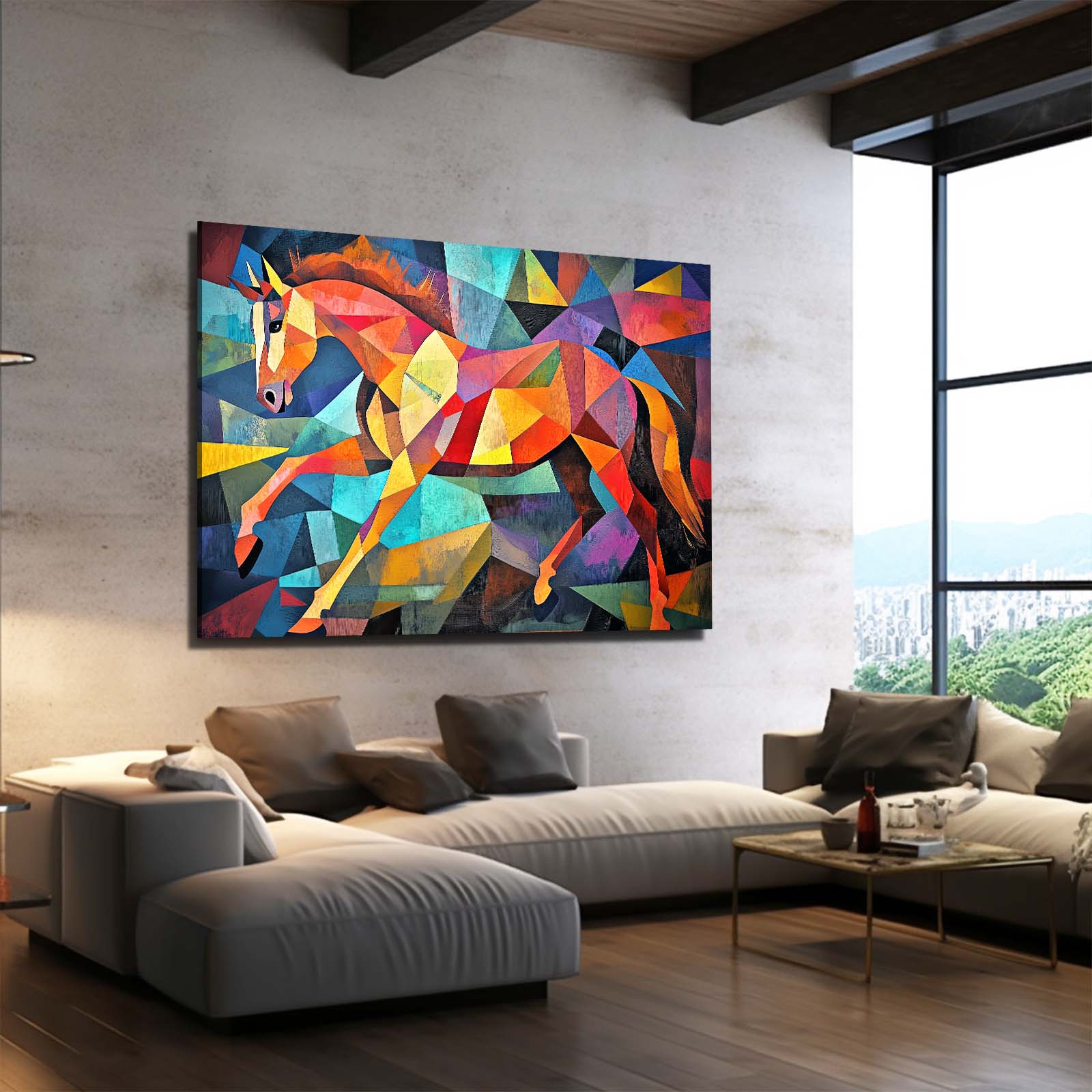 Mosaic Abstract Horse Art – angled canvas view on white background