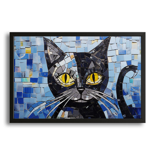 Mosaic Blue Cat Wall Art — mosaic canvas print in blue tones, with Premium Black frame on white background