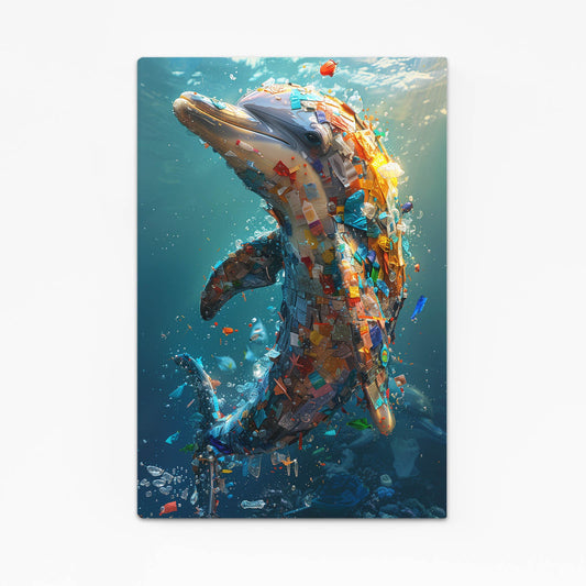 Mosaic Duo Dolphin Art – two dolphins leaping in a burst of colorful mosaic fragments