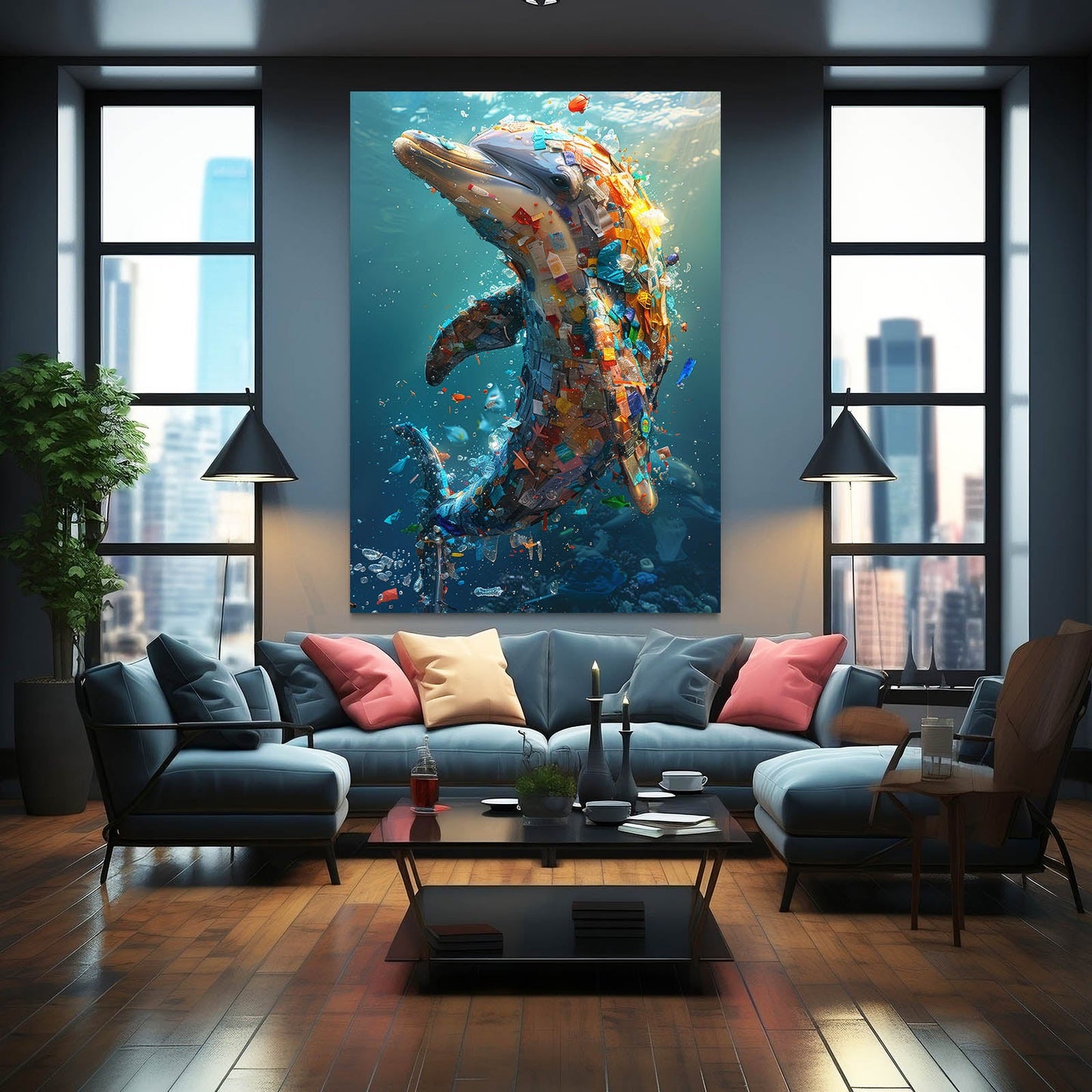 Mosaic Duo Dolphin Art – styled in a furnished interior