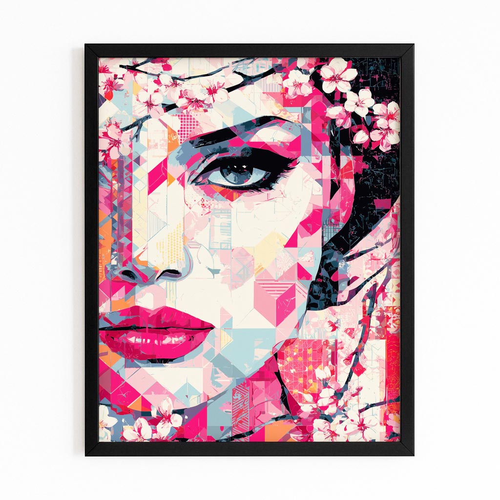Mosaic Face Portrait Cherry Blossom Wall Art – with Premium Black frame on white background