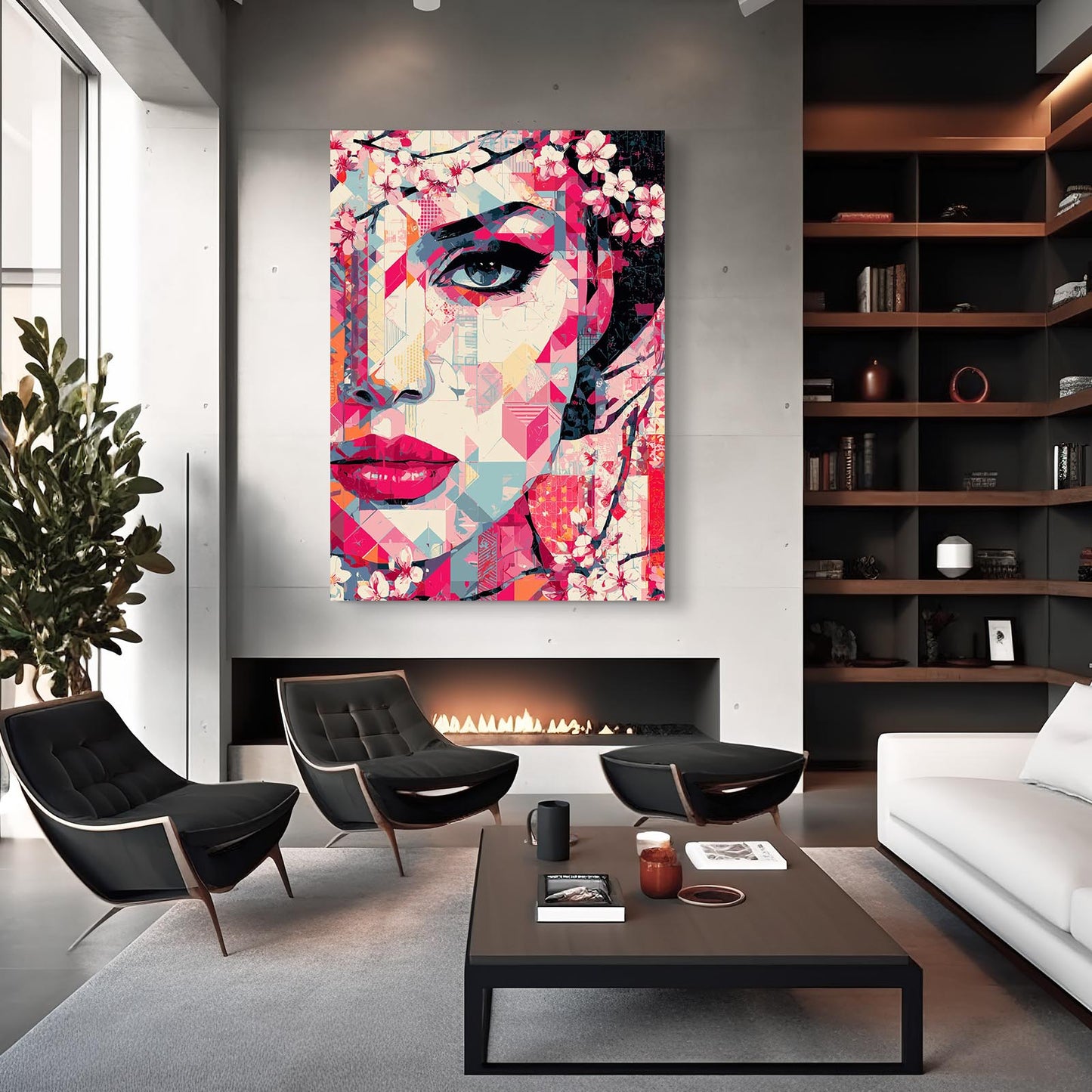 Mosaic Face Portrait Cherry Blossom Wall Art – styled in a furnished interior
