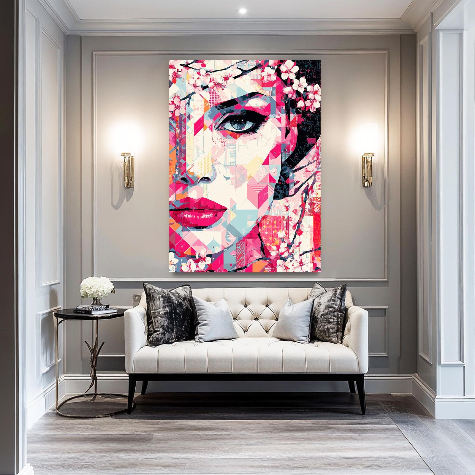 Mosaic Face Portrait Cherry Blossom Wall Art – styled in a furnished interior