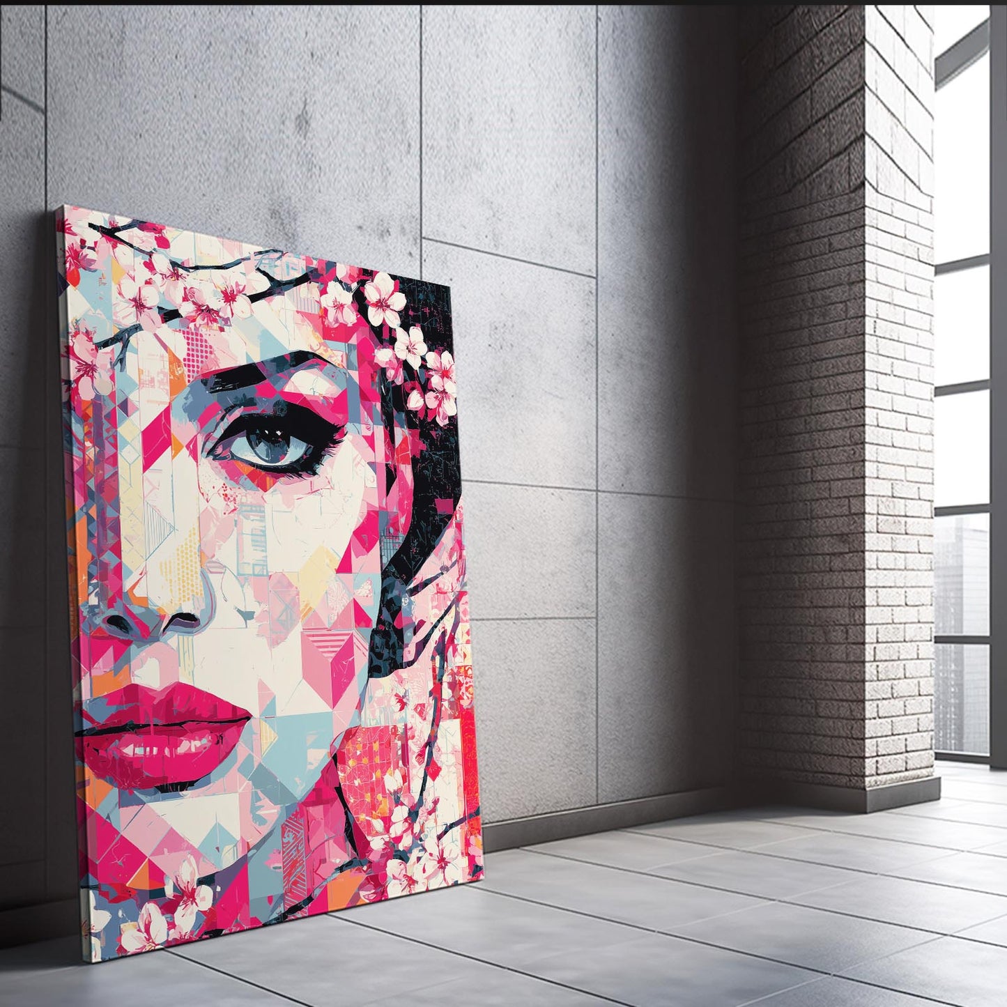 Mosaic Face Portrait Cherry Blossom Wall Art – styled in a furnished interior