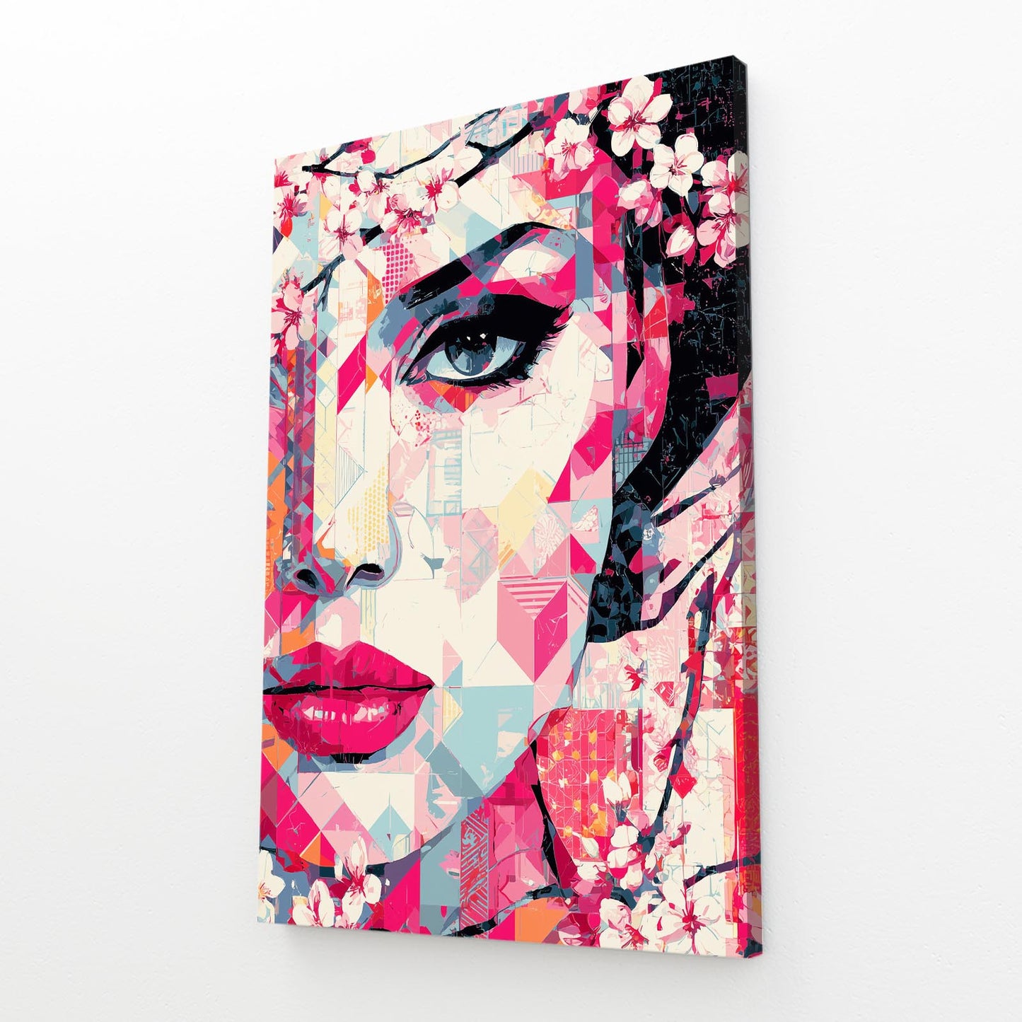 Mosaic Face Portrait Cherry Blossom Wall Art – angled canvas view on white background