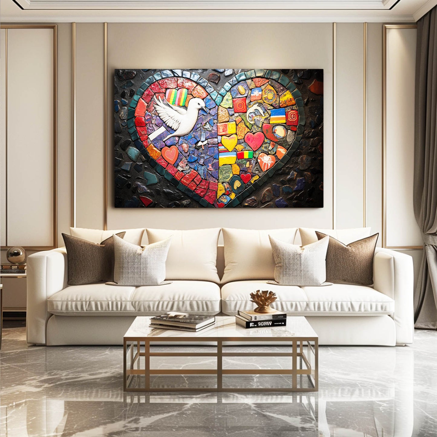 Mosaic Heart Dove Peace Wall Art – styled in a furnished interior