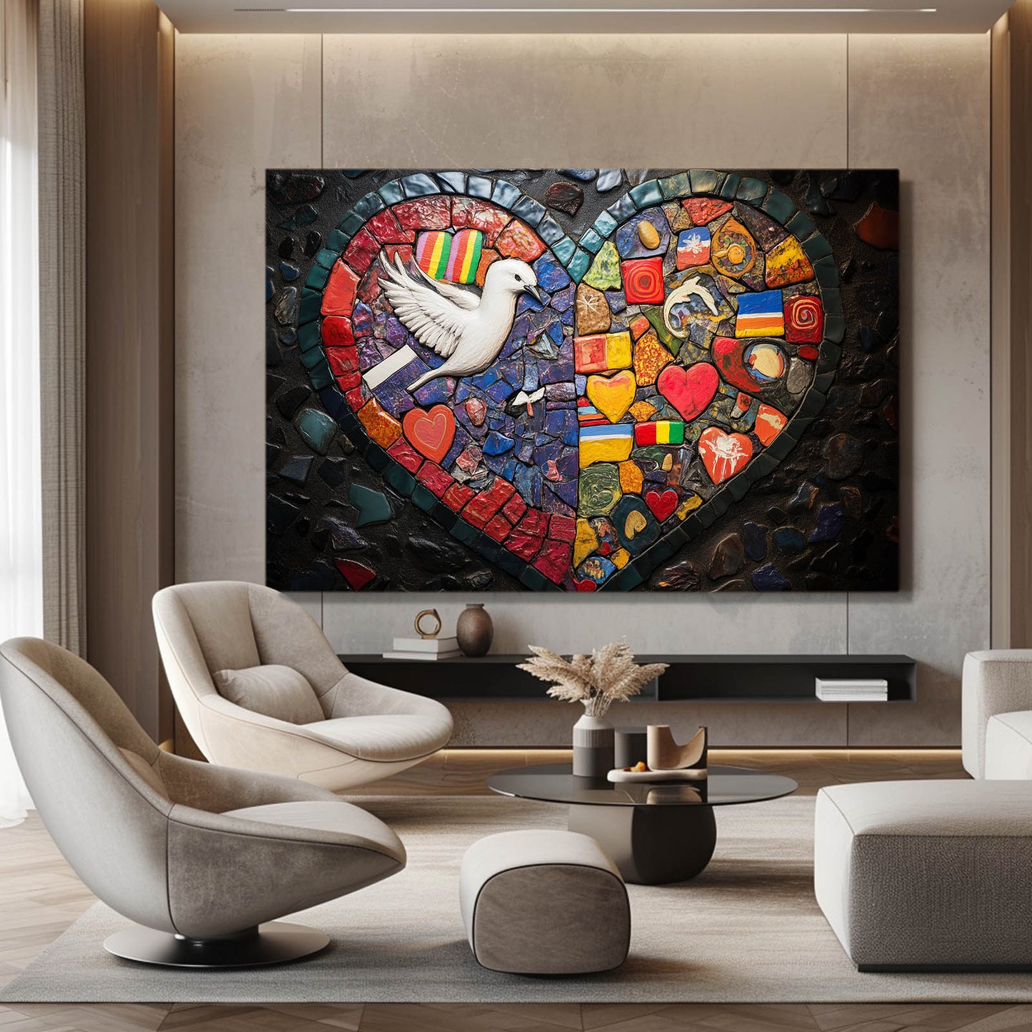 Mosaic Heart Dove Peace Wall Art – styled in a furnished interior