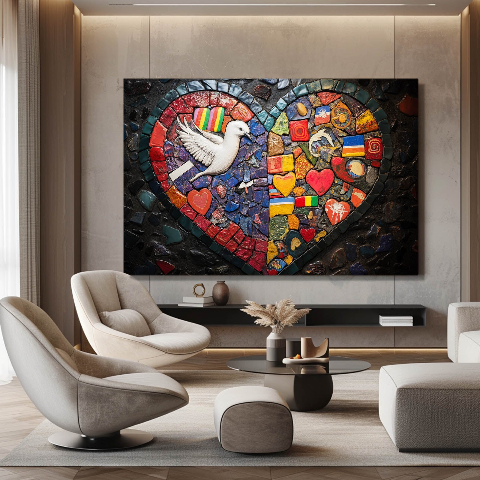 Mosaic Heart Dove Peace Wall Art – styled in a furnished interior