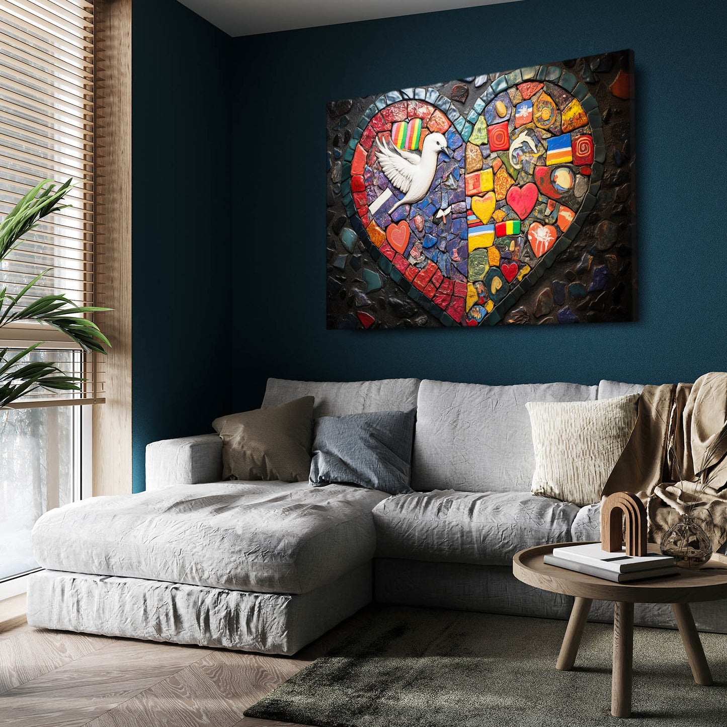 Mosaic Heart Dove Peace Wall Art – styled in a furnished interior