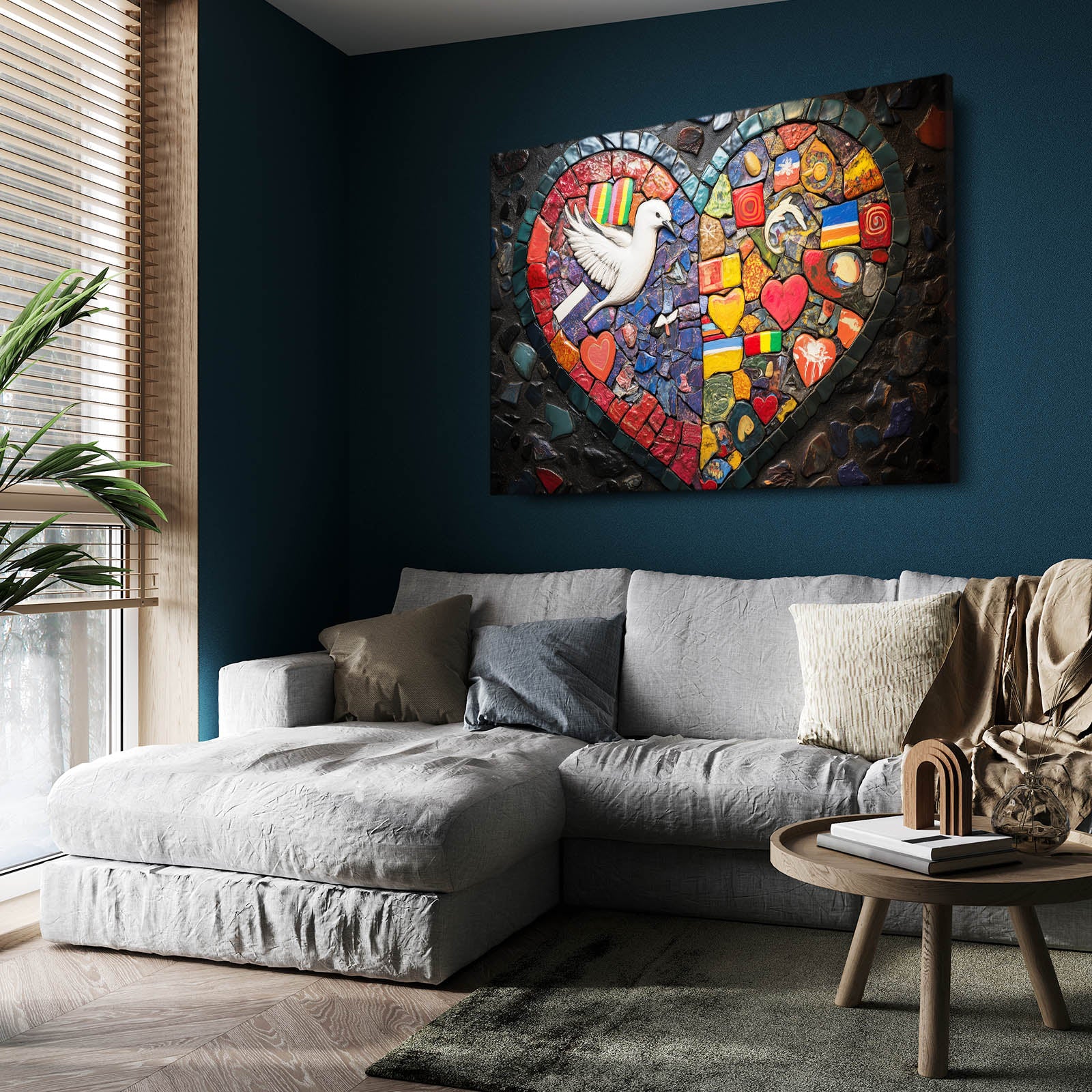 Mosaic Heart Dove Peace Wall Art – styled in a furnished interior