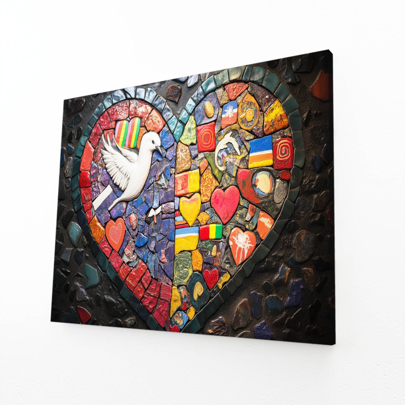 Mosaic Heart Dove Peace Wall Art – angled canvas view on white background