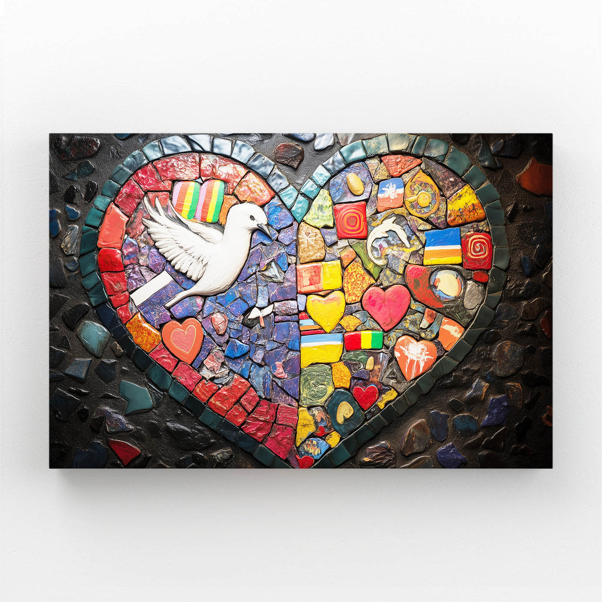 Mosaic Heart Dove Peace Wall Art — contemporary canvas print, angled canvas view on white background