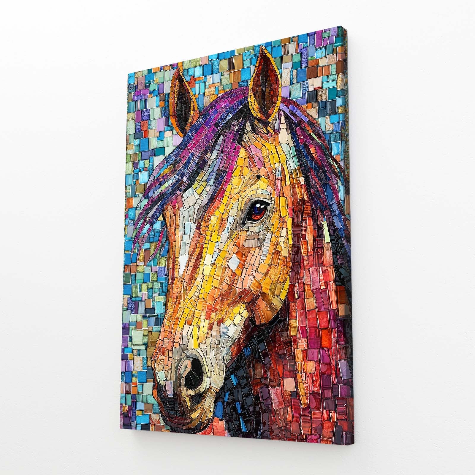 Mosaic Horse Art – angled canvas view on white background