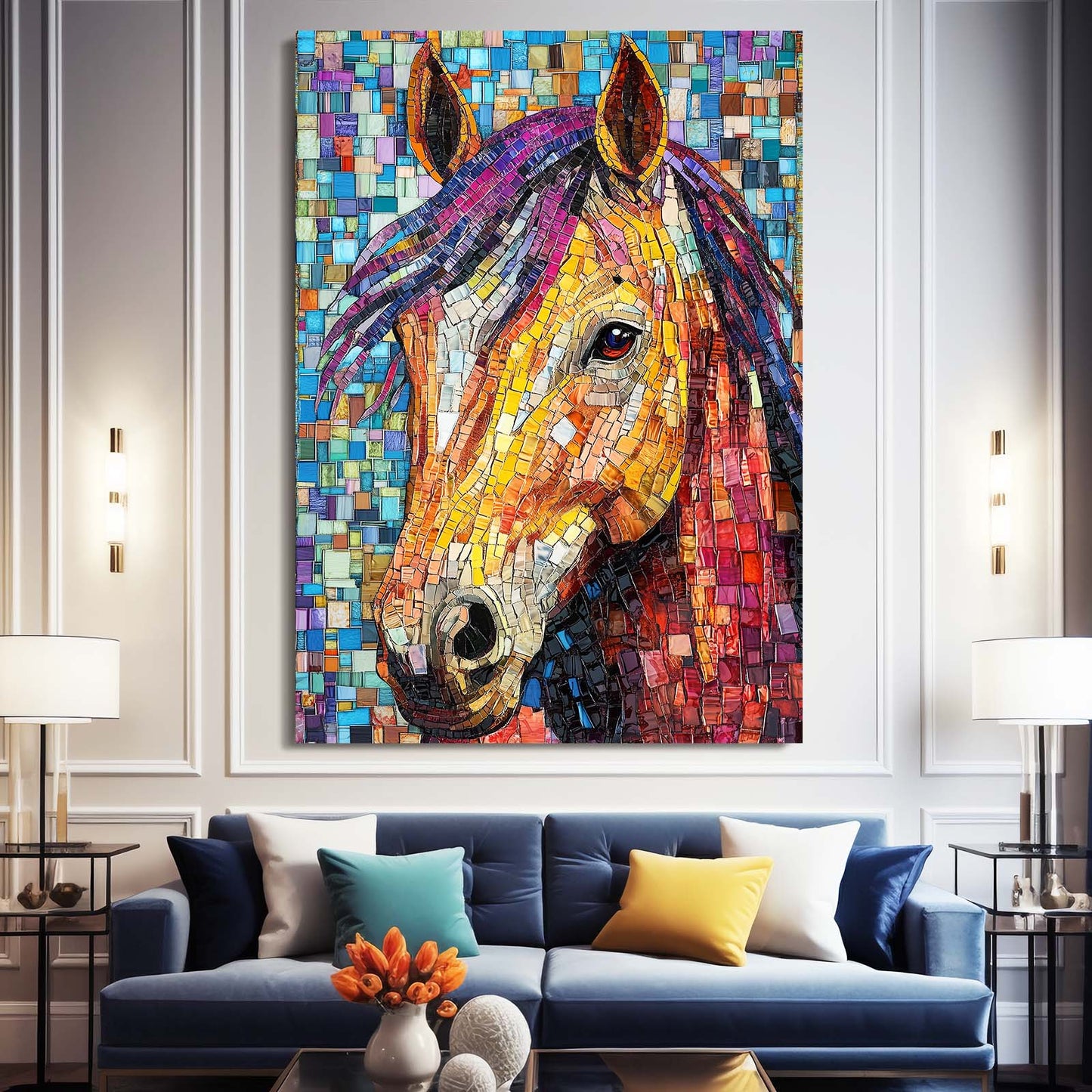 Mosaic Horse Art – angled canvas view on white background
