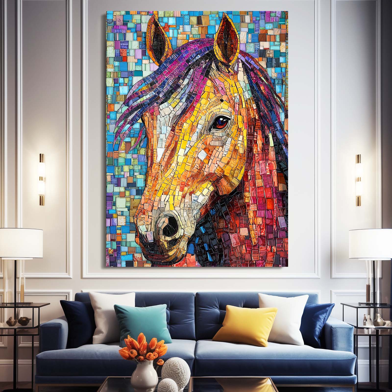 Mosaic Horse Art – angled canvas view on white background