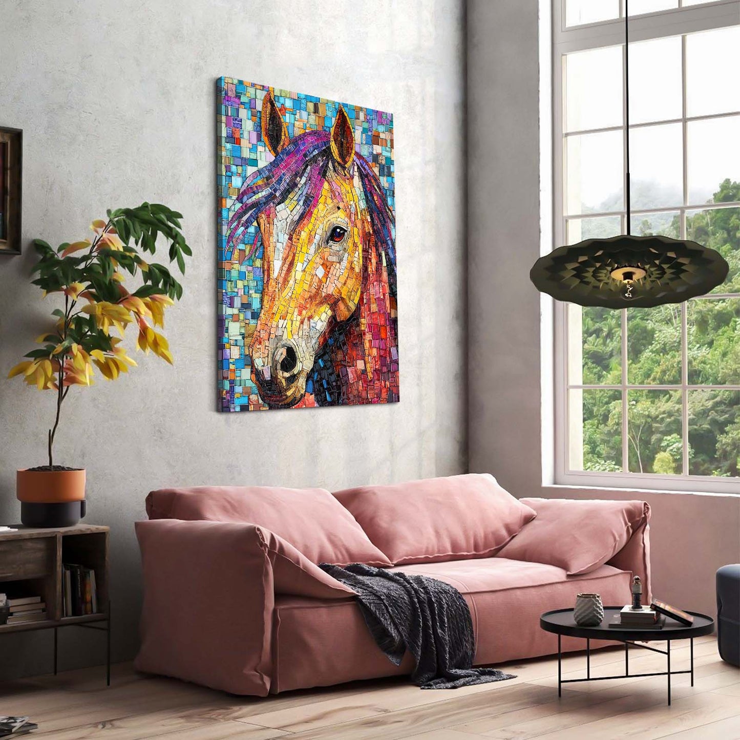 Mosaic Horse Art – angled canvas view on white background