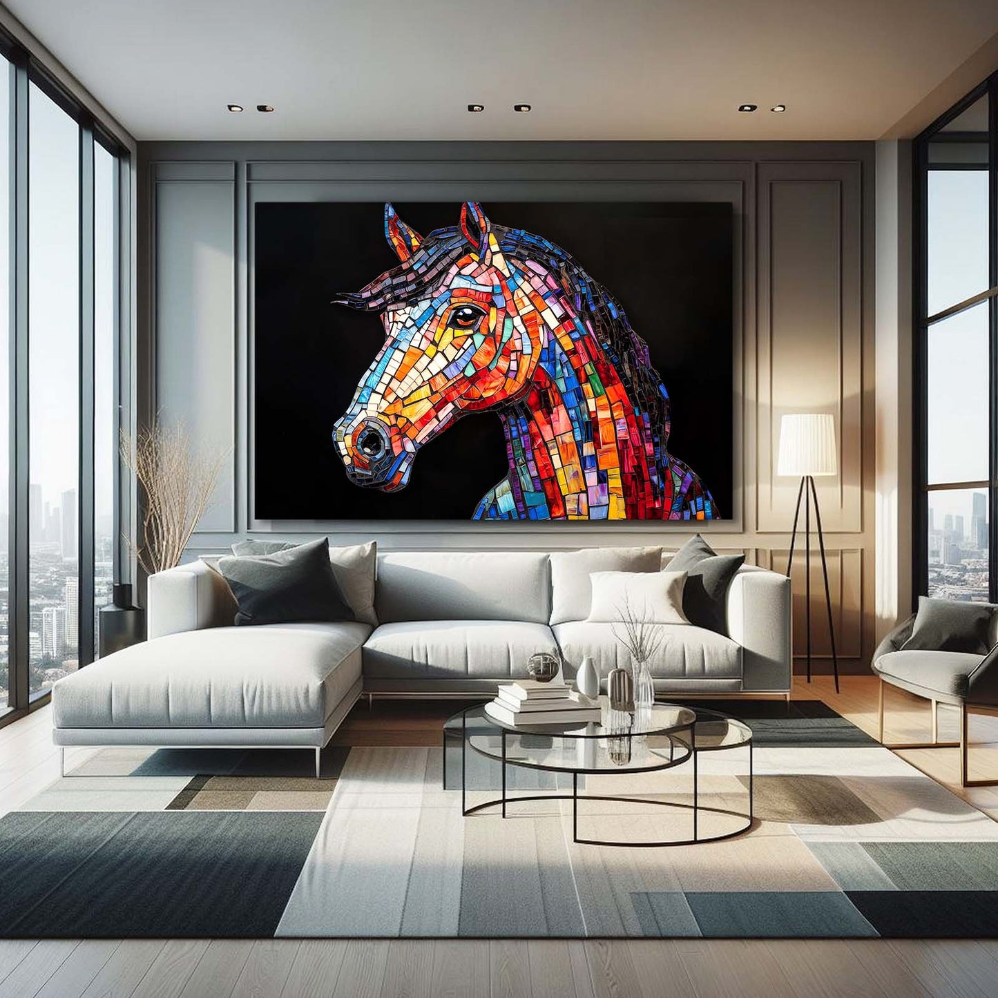 Mosaic Horse Wall Art – angled canvas view on white background