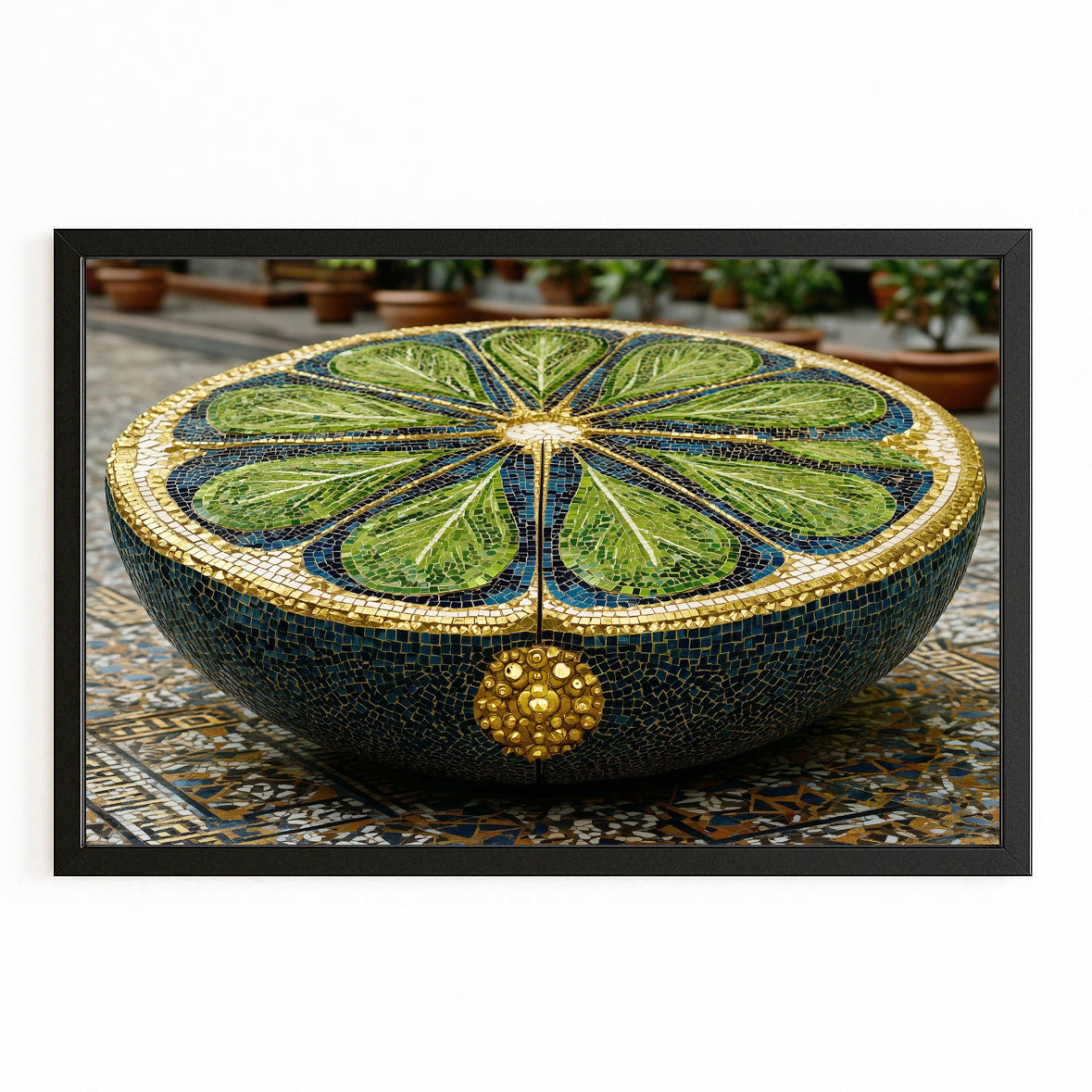 Mosaic Lime Bowl Fruit Canvas Art – with Premium Black frame on white background