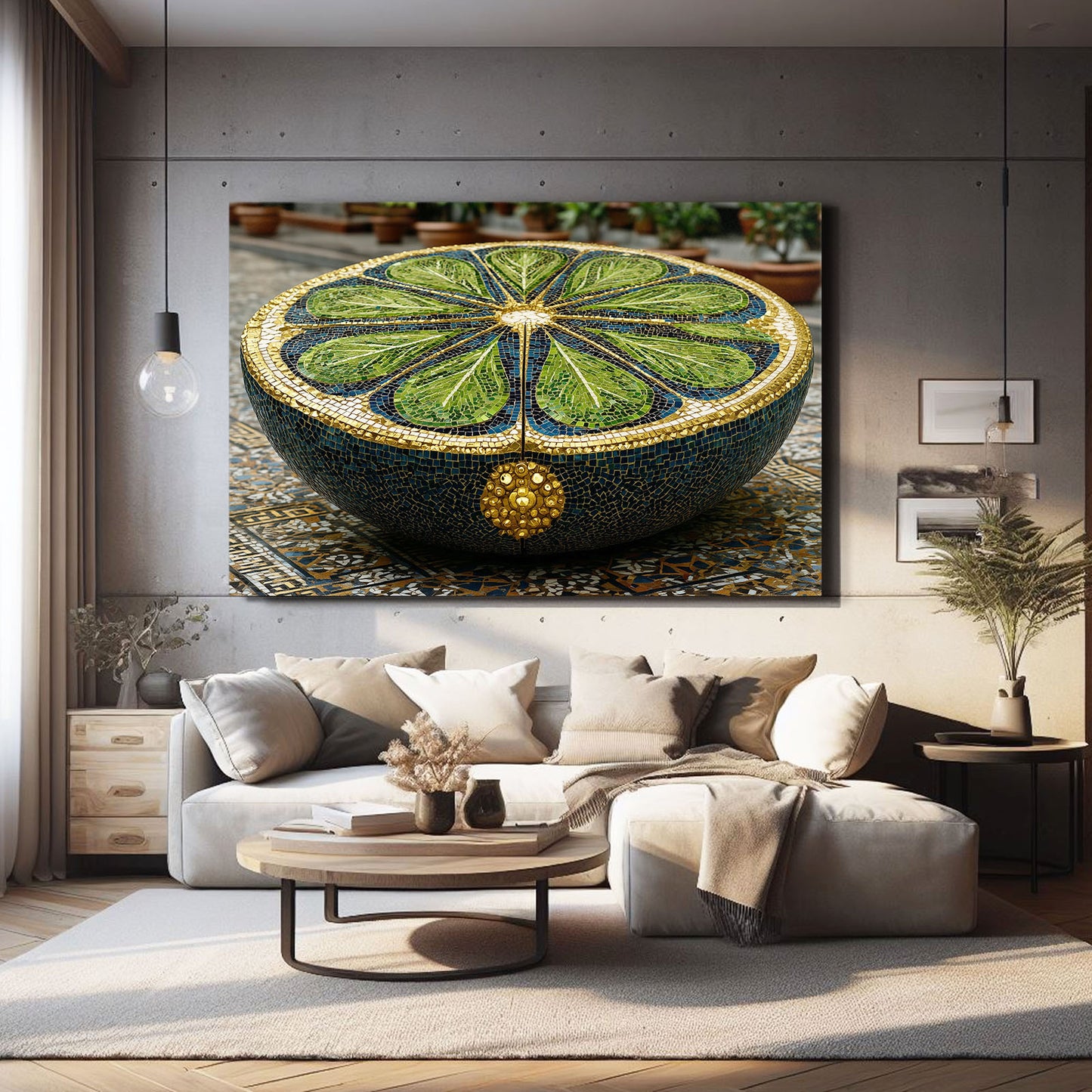 Mosaic Lime Bowl Fruit Canvas Art – styled in a furnished interior