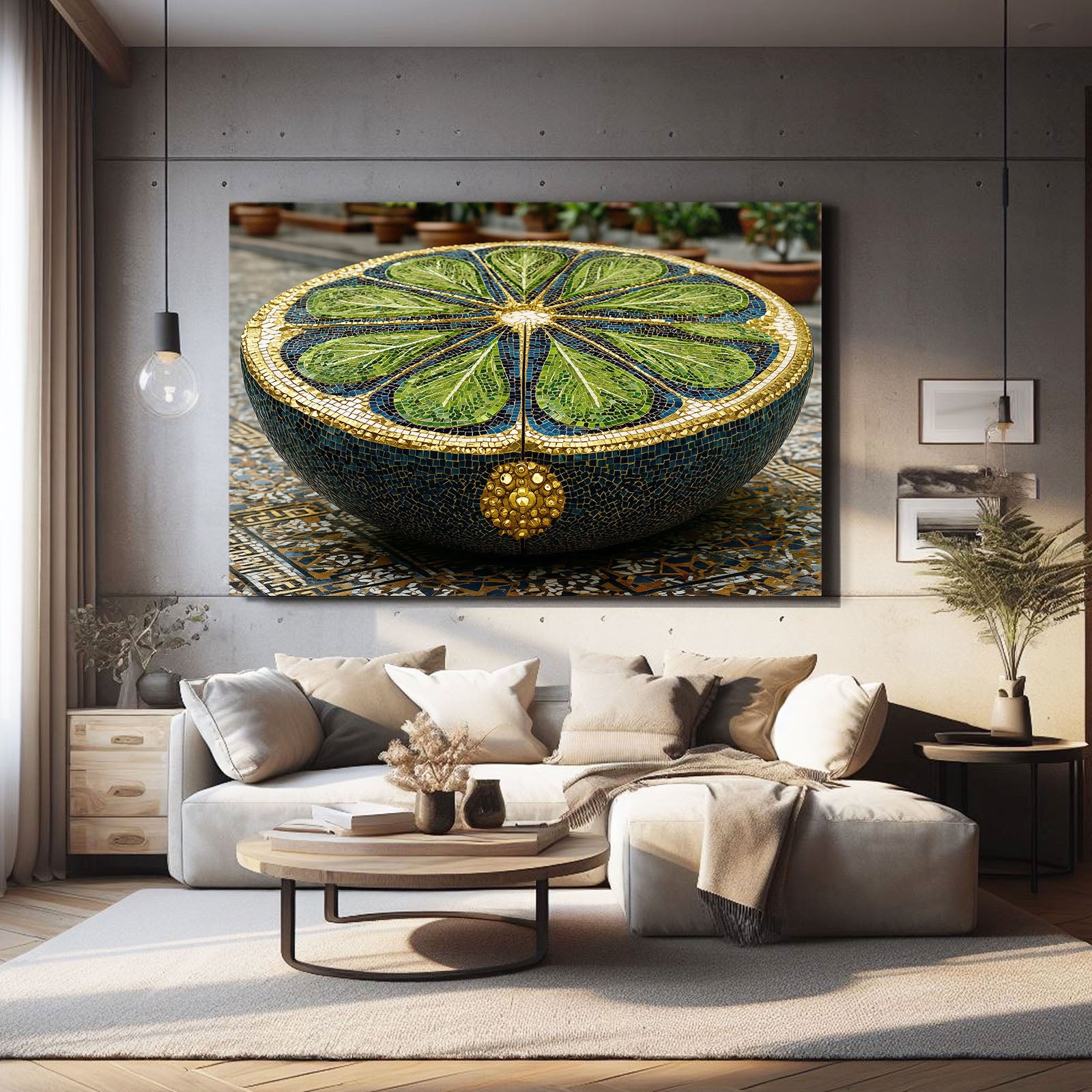 Mosaic Lime Bowl Fruit Canvas Art – styled in a furnished interior