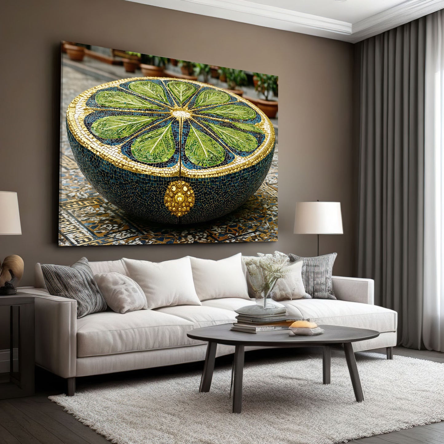 Mosaic Lime Bowl Fruit Canvas Art – styled in a furnished interior
