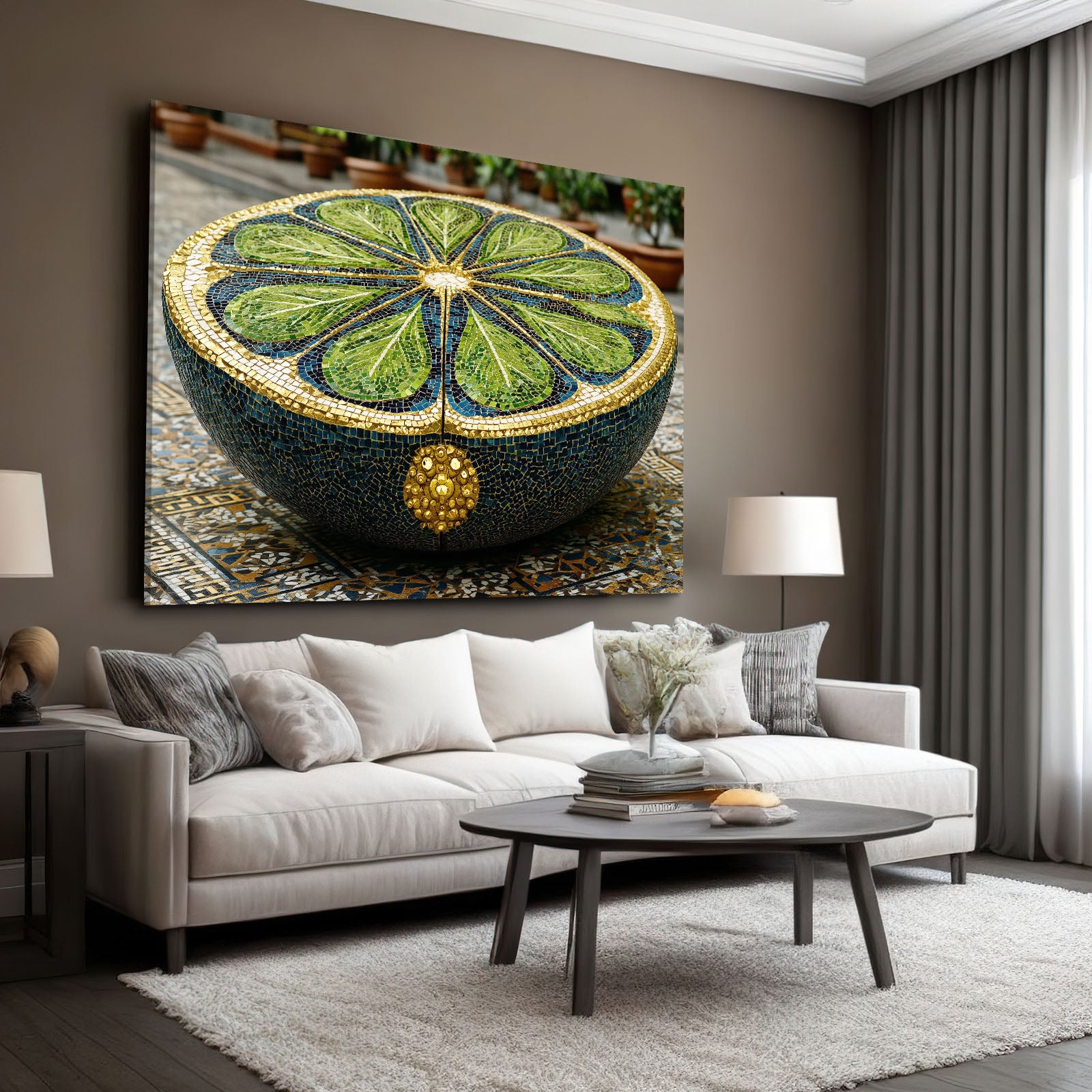 Mosaic Lime Bowl Fruit Canvas Art – styled in a furnished interior