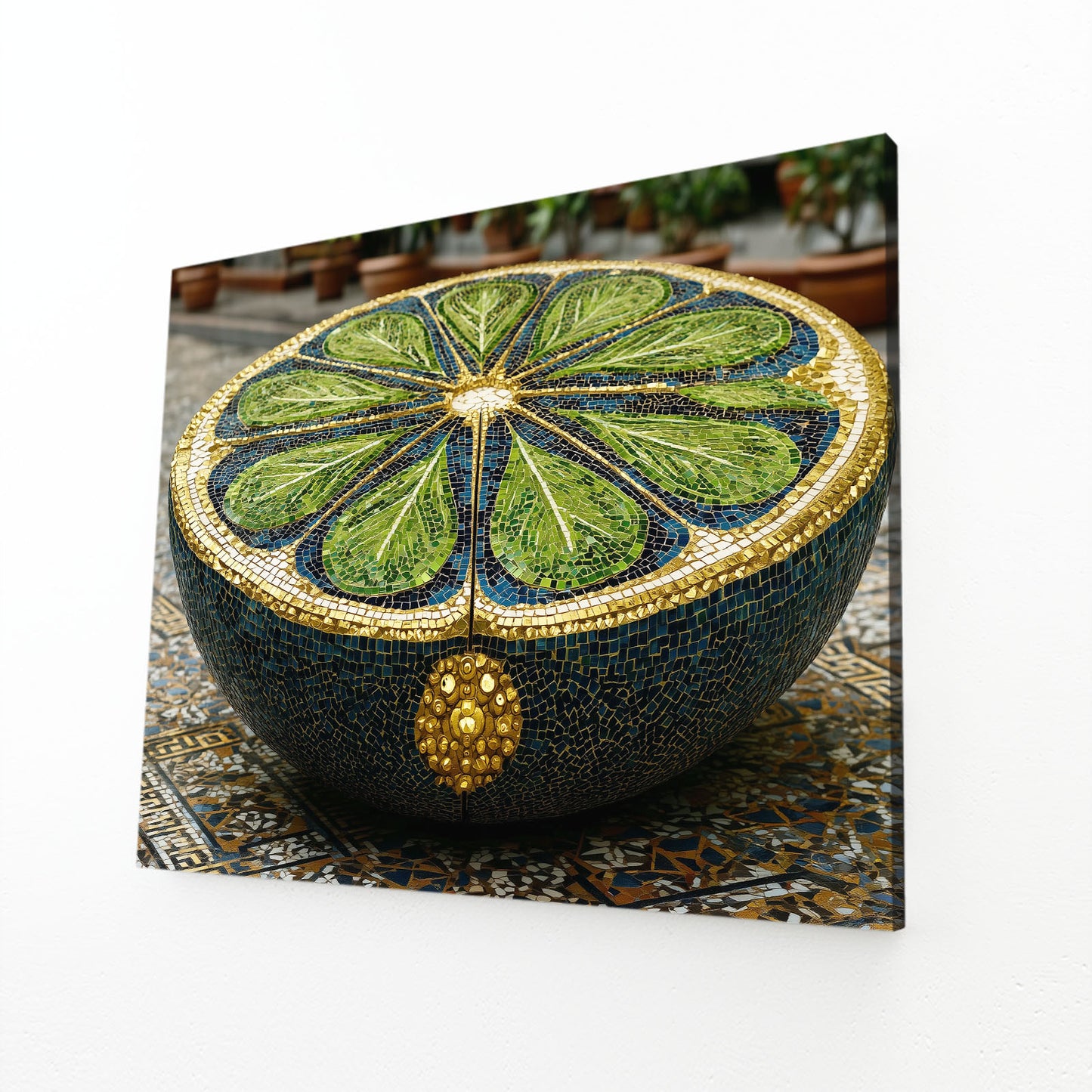 Mosaic Lime Bowl Fruit Canvas Art – angled canvas view on white background
