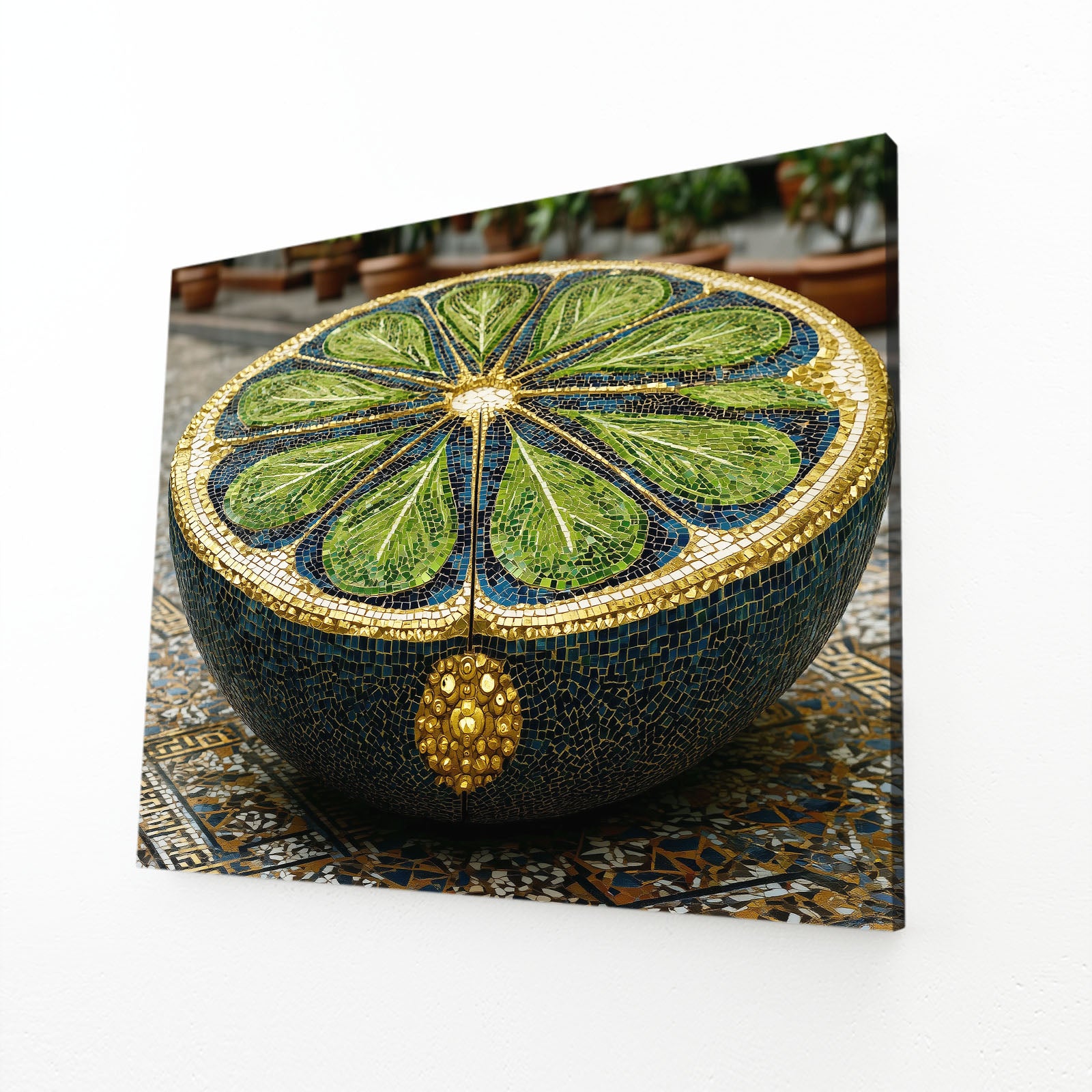 Mosaic Lime Bowl Fruit Canvas Art – angled canvas view on white background