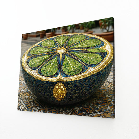 Mosaic Lime Bowl Fruit Canvas Art – angled canvas view on white background