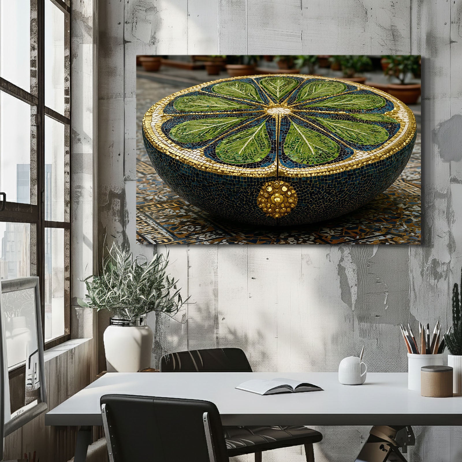 Mosaic Lime Bowl Fruit Canvas Art – styled in a furnished interior