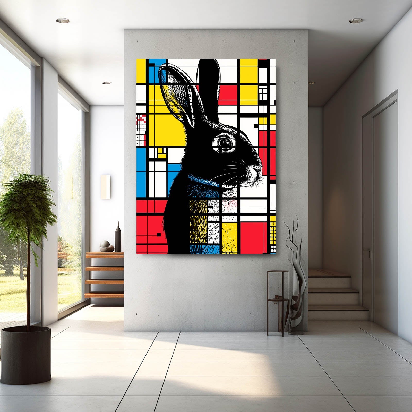 Mosaic Rabbit Art – angled canvas view on white background