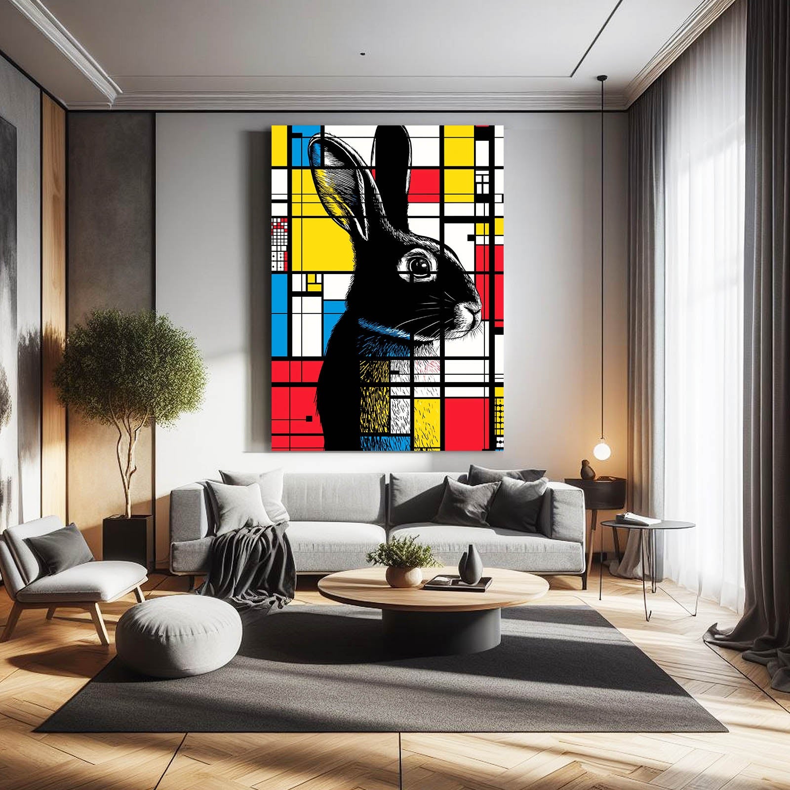 Mosaic Rabbit Art – angled canvas view on white background