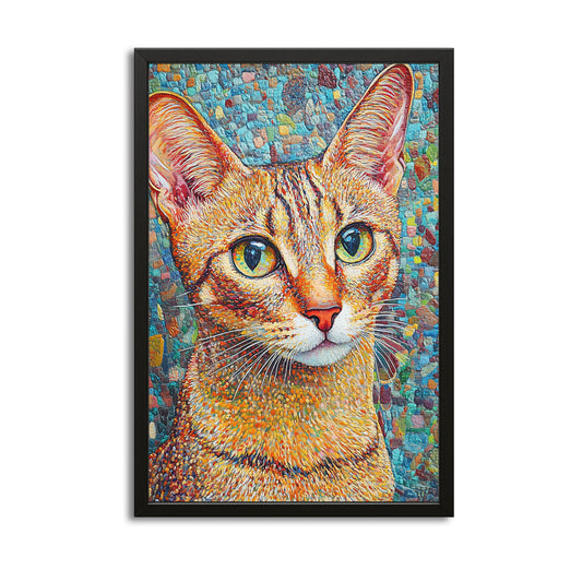 Mosaic Style Wall Art Cat — mosaic canvas print in orange tones, with Premium Black frame on white background