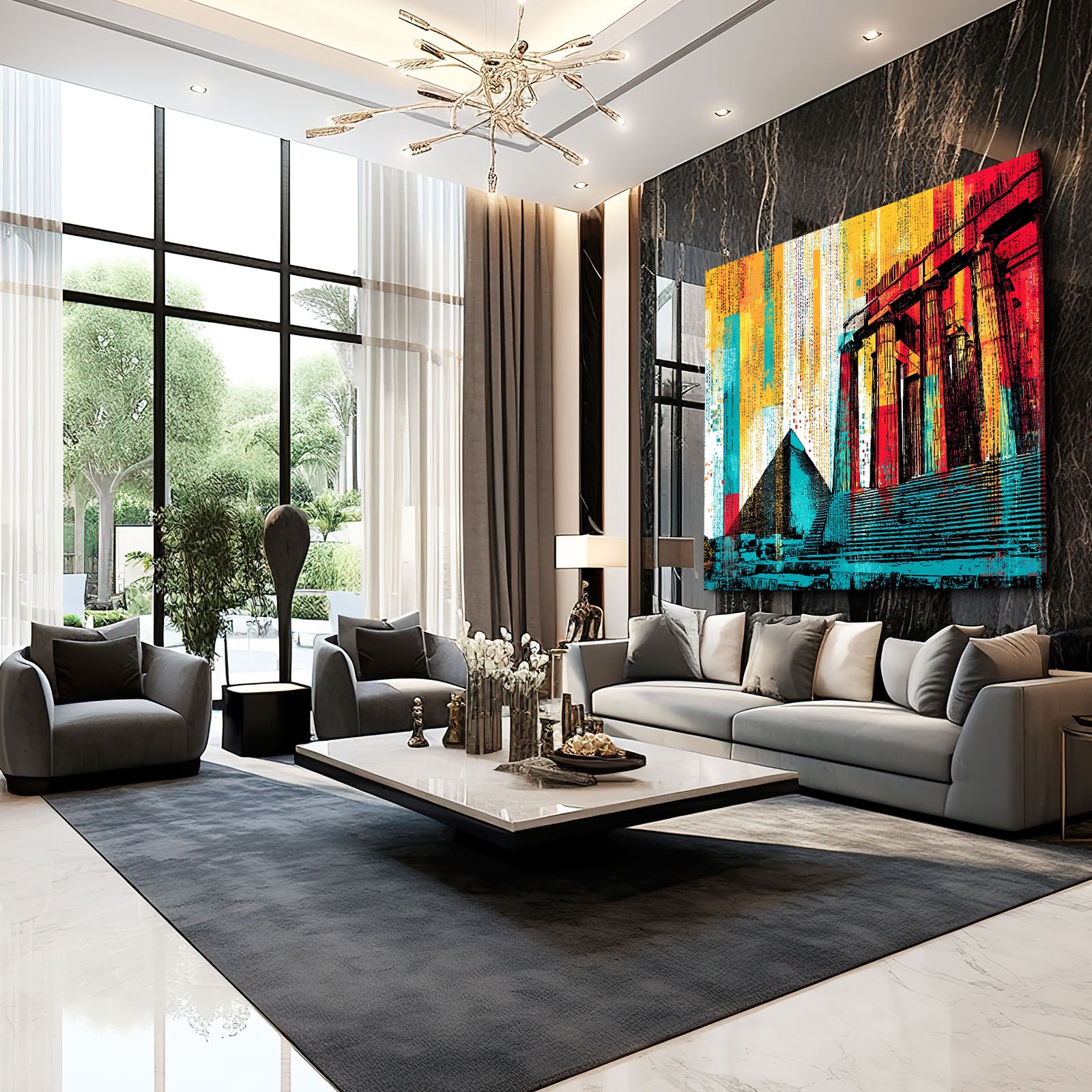 Mosaic Temple Collage Egyptian Wall Decor – styled in a furnished interior