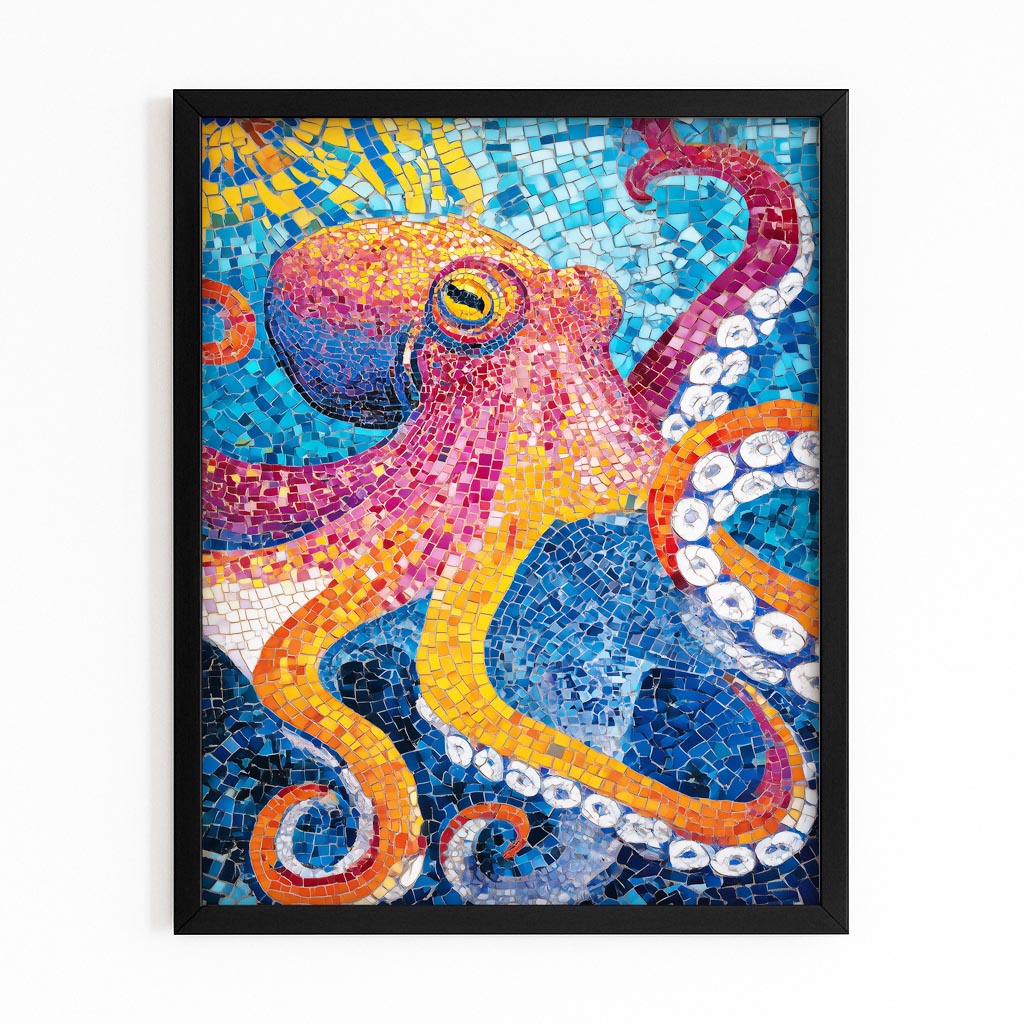 Mosaic Tile Glow Octopus Art – with Premium Black frame on white background