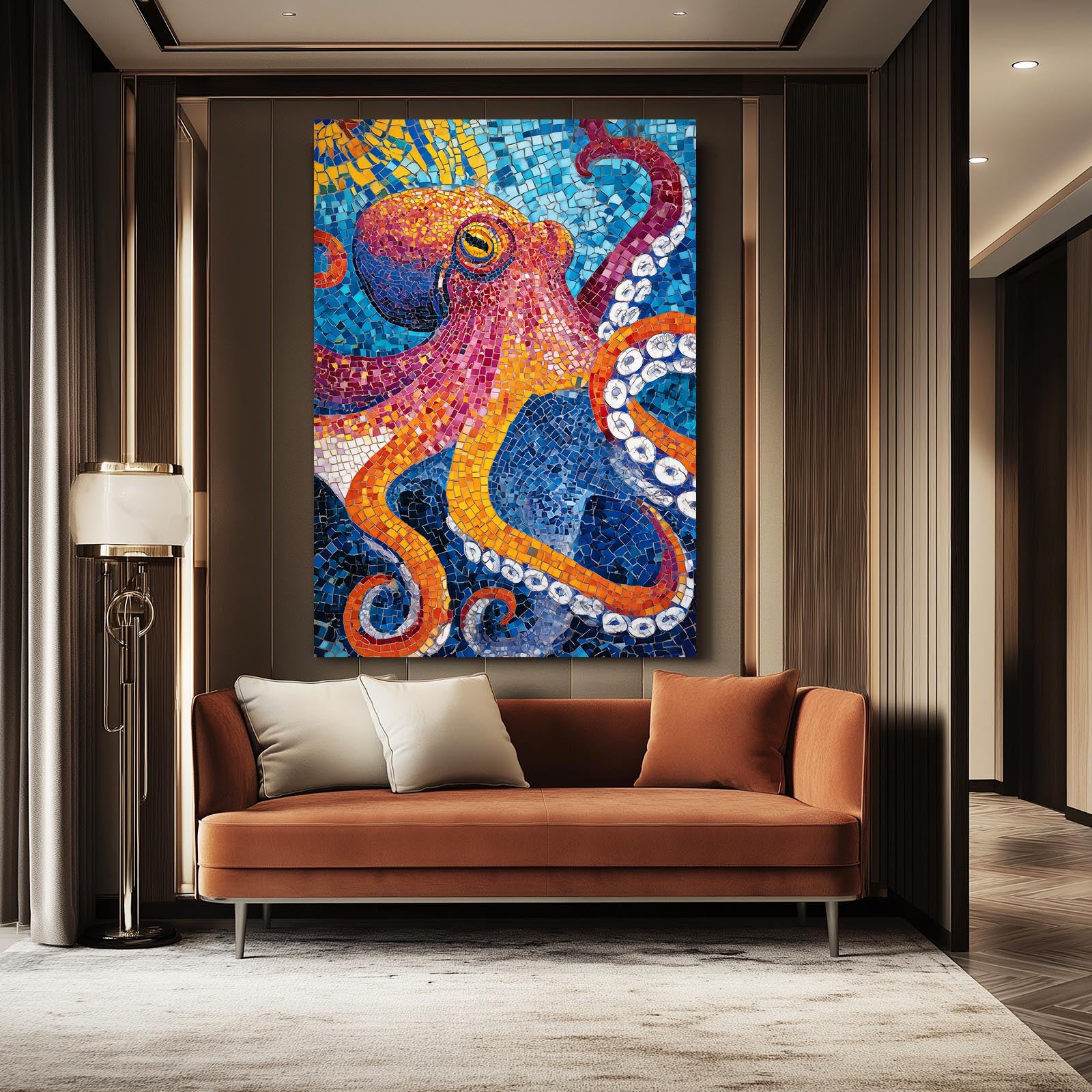 Mosaic Tile Glow Octopus Art – styled in a furnished interior