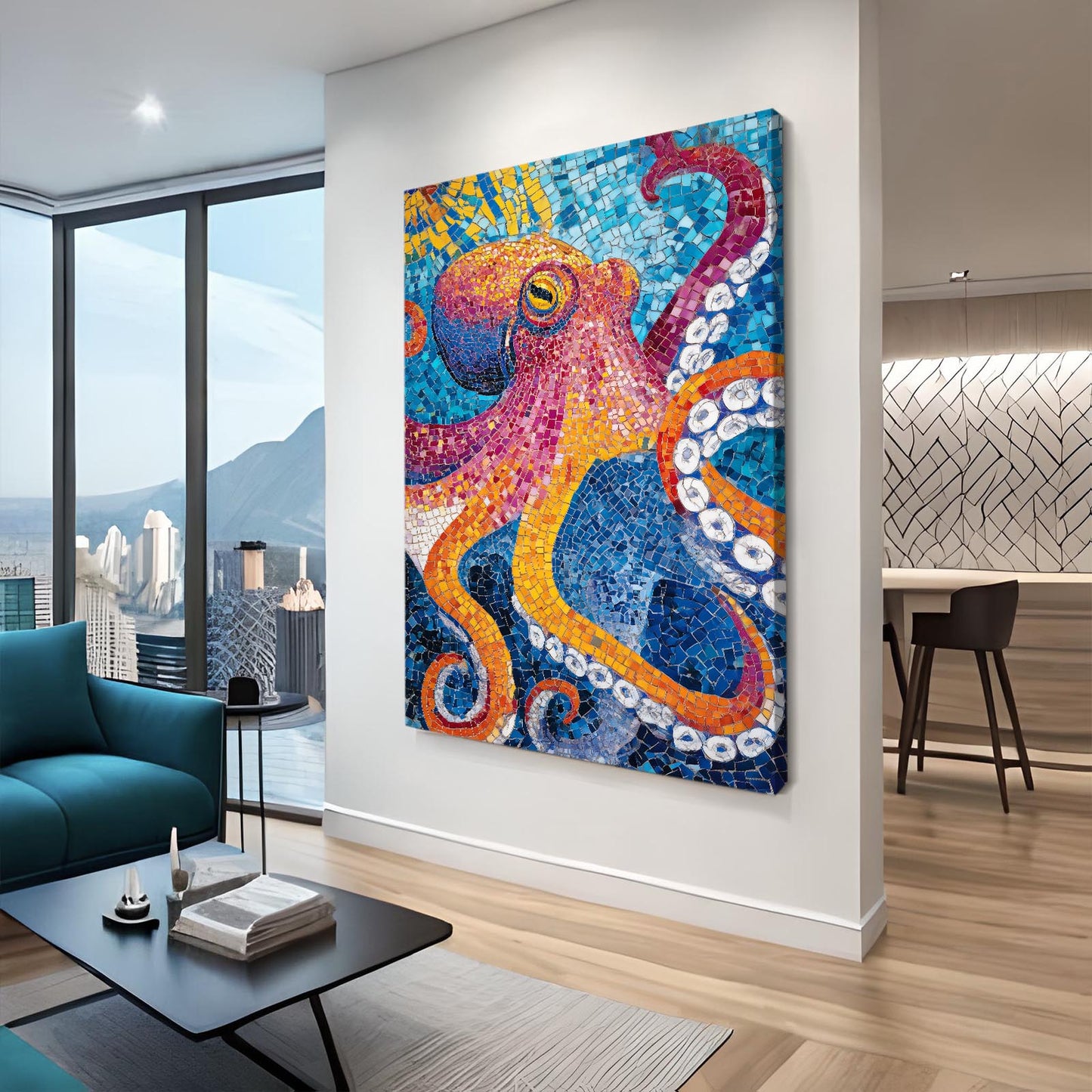 Mosaic Tile Glow Octopus Art – styled in a furnished interior