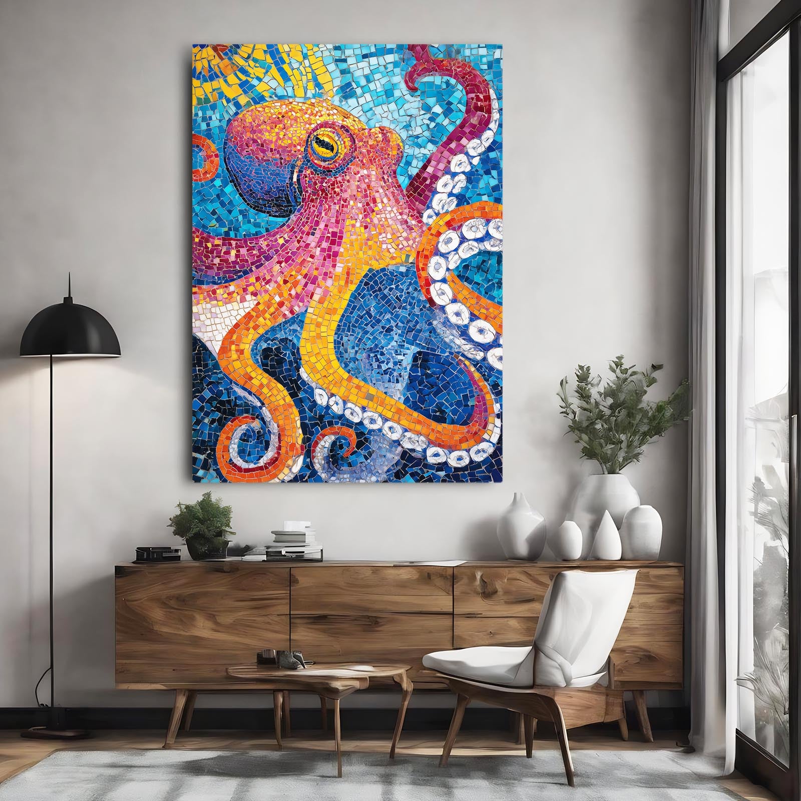 Mosaic Tile Glow Octopus Art – styled in a furnished interior