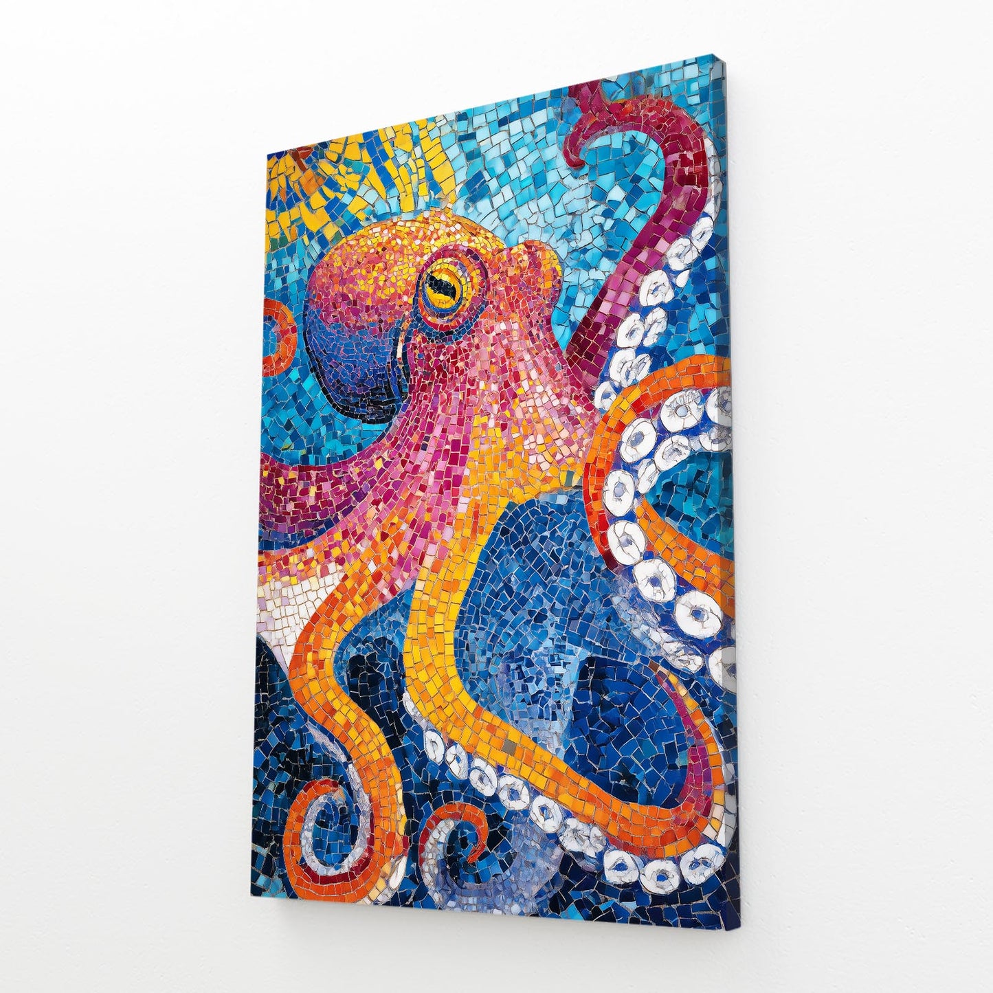 Mosaic Tile Glow Octopus Art – angled canvas view on white background