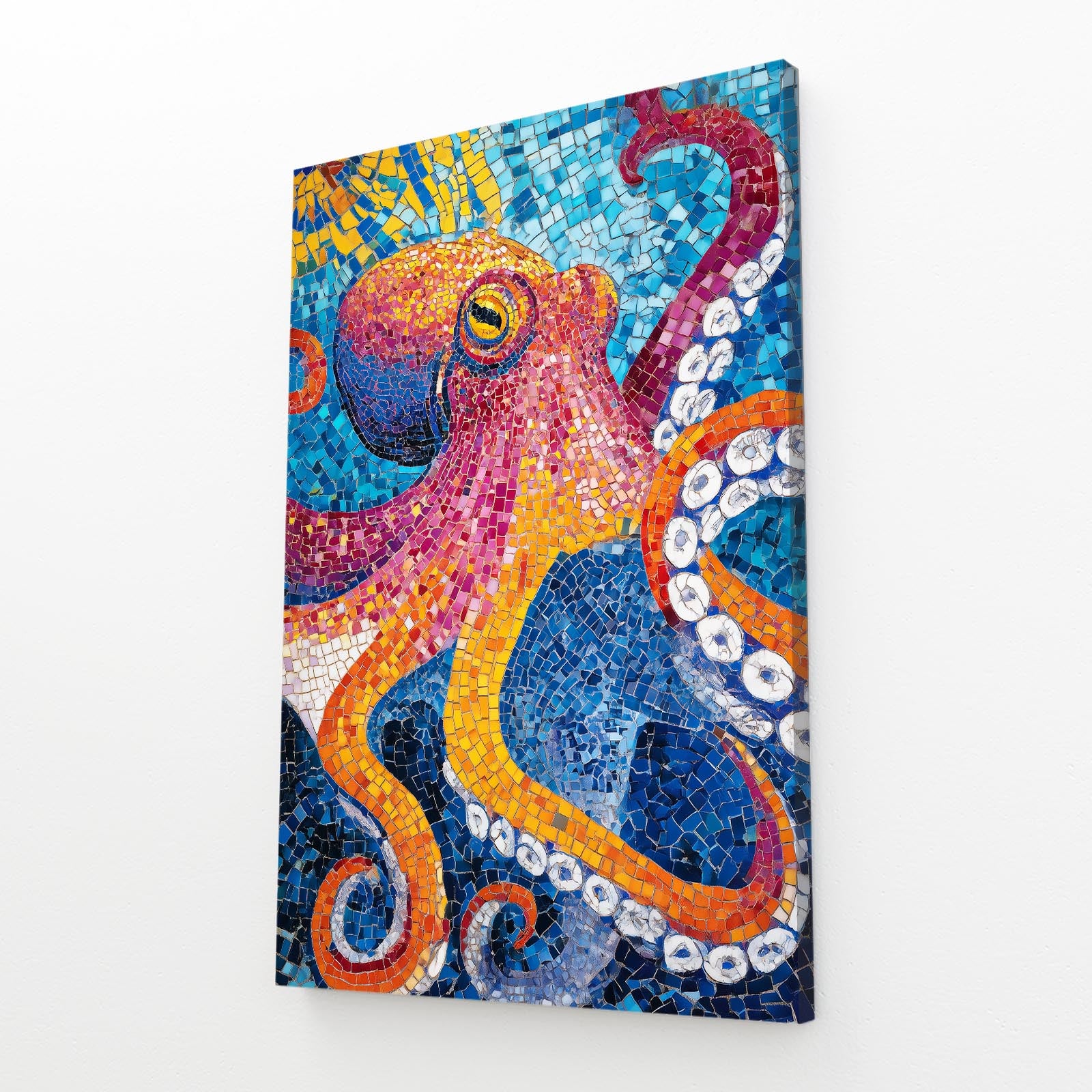 Mosaic Tile Glow Octopus Art – angled canvas view on white background