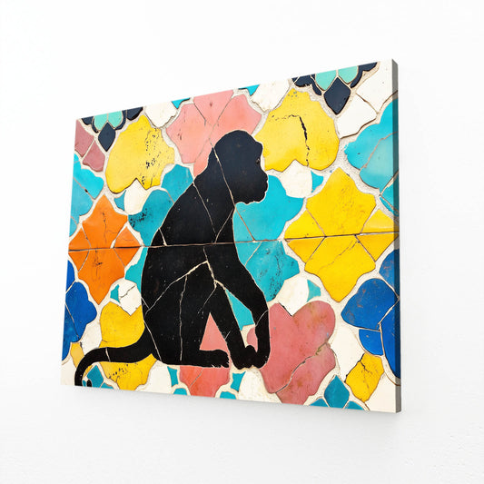 Mosaic Tile Silhouette Monkey Canvas Art – angled canvas view on white background