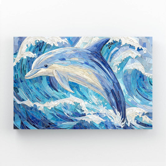 Mosaic Wave Dolphin Wall Decor – dolphin leaping through waves built of layered mosaic strokes in blues