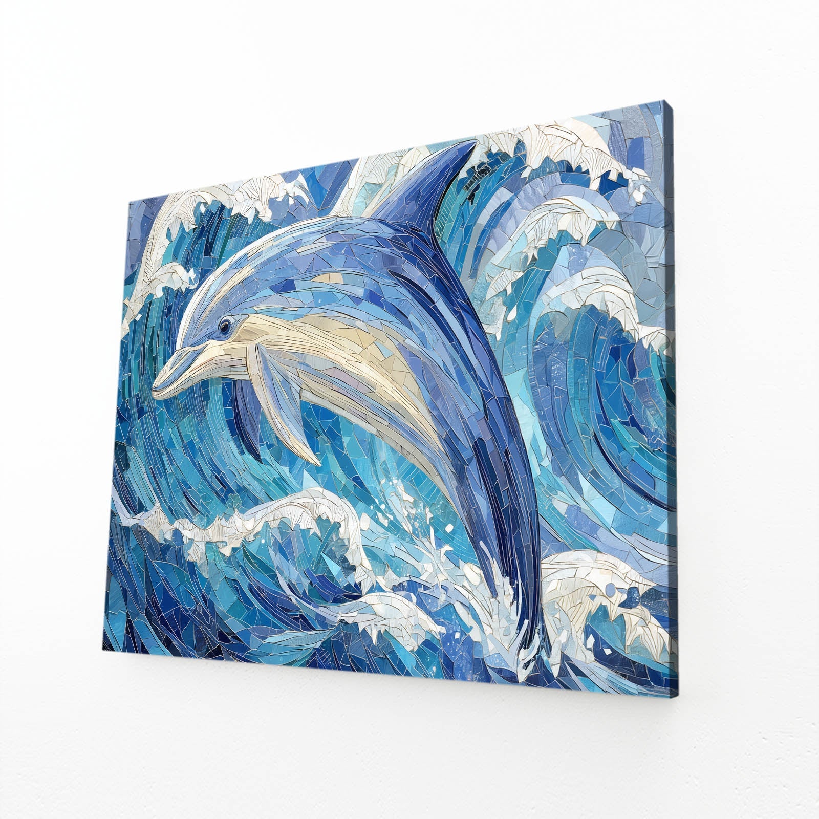 Mosaic Wave Dolphin Wall Decor – angled canvas view on white background